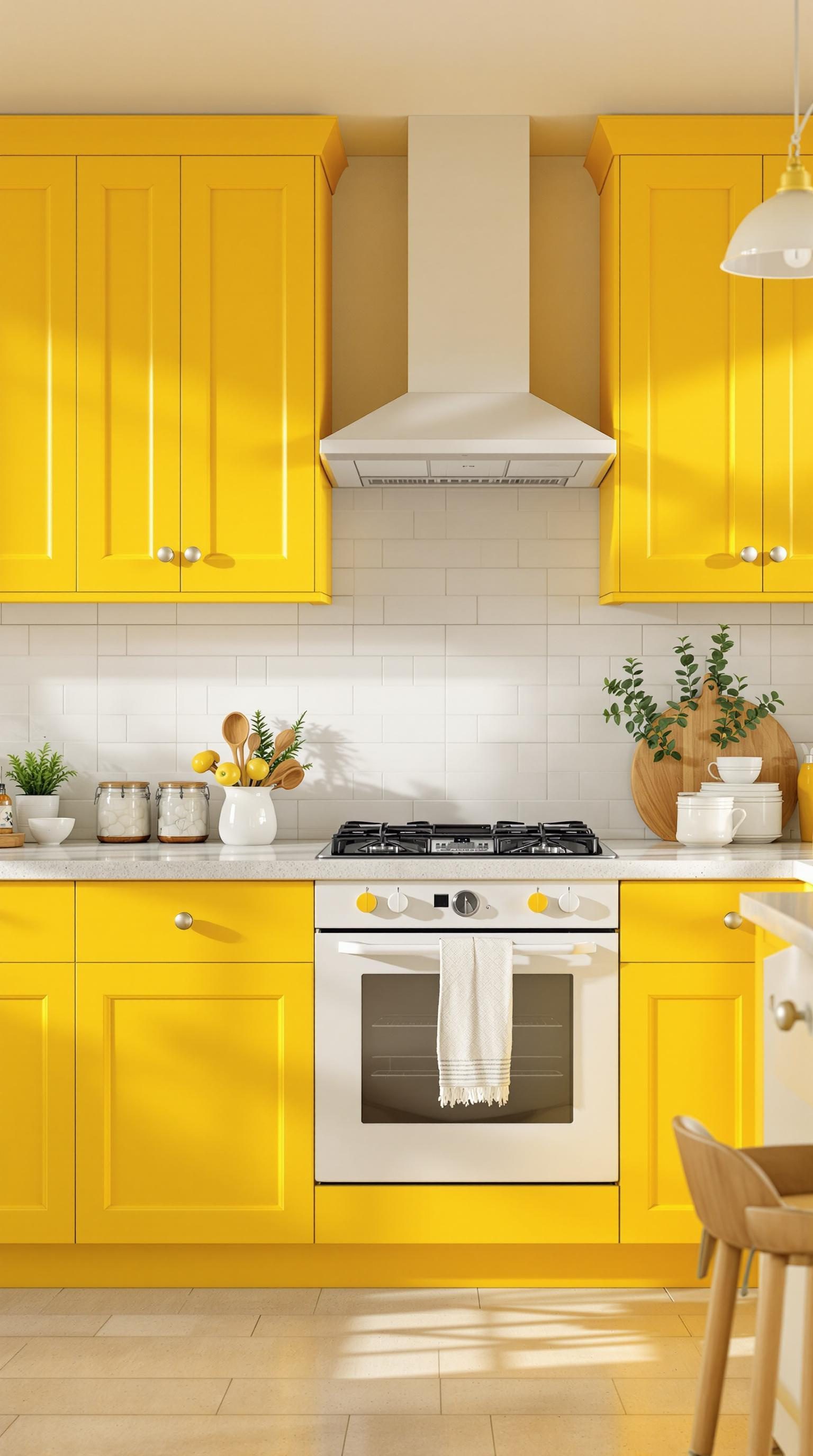 A bright yellow kitchen with cabinets and a white countertop.