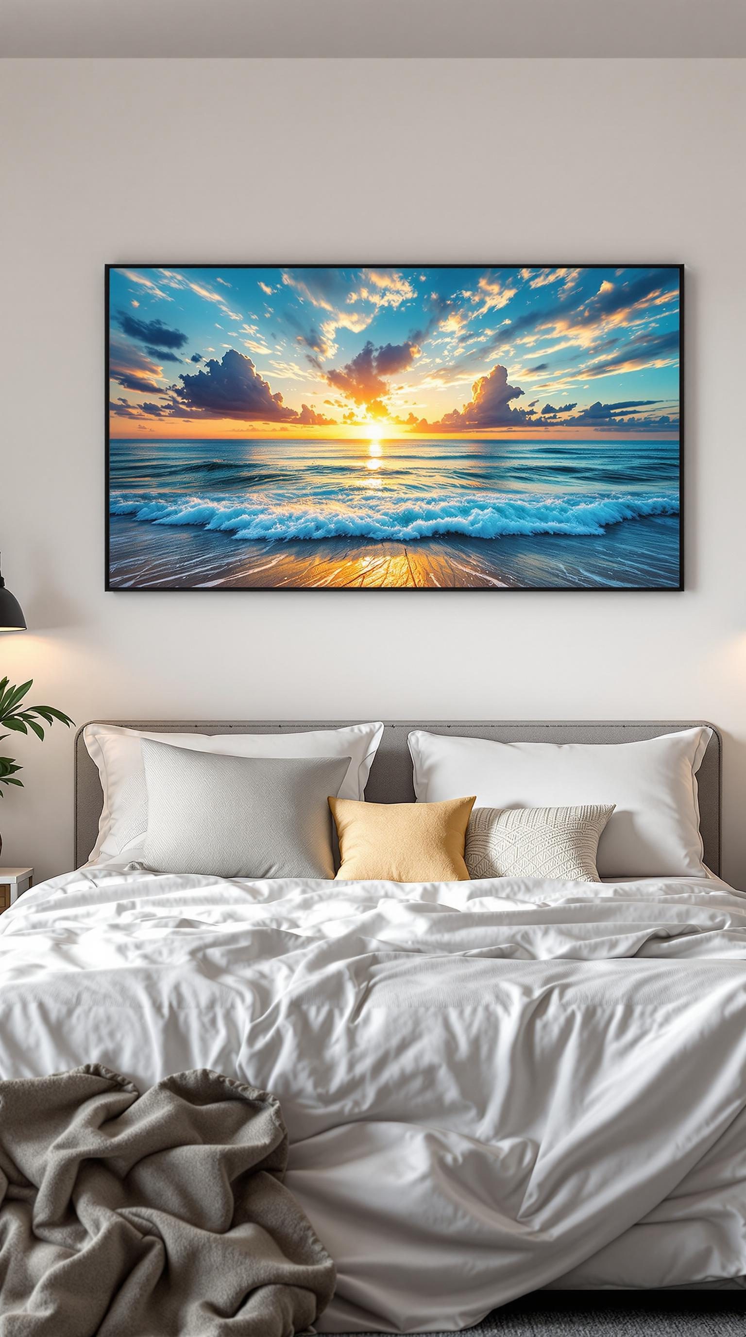 A beautiful sunrise over the ocean, with colorful clouds and gentle waves, displayed as wall art in a cozy bedroom.