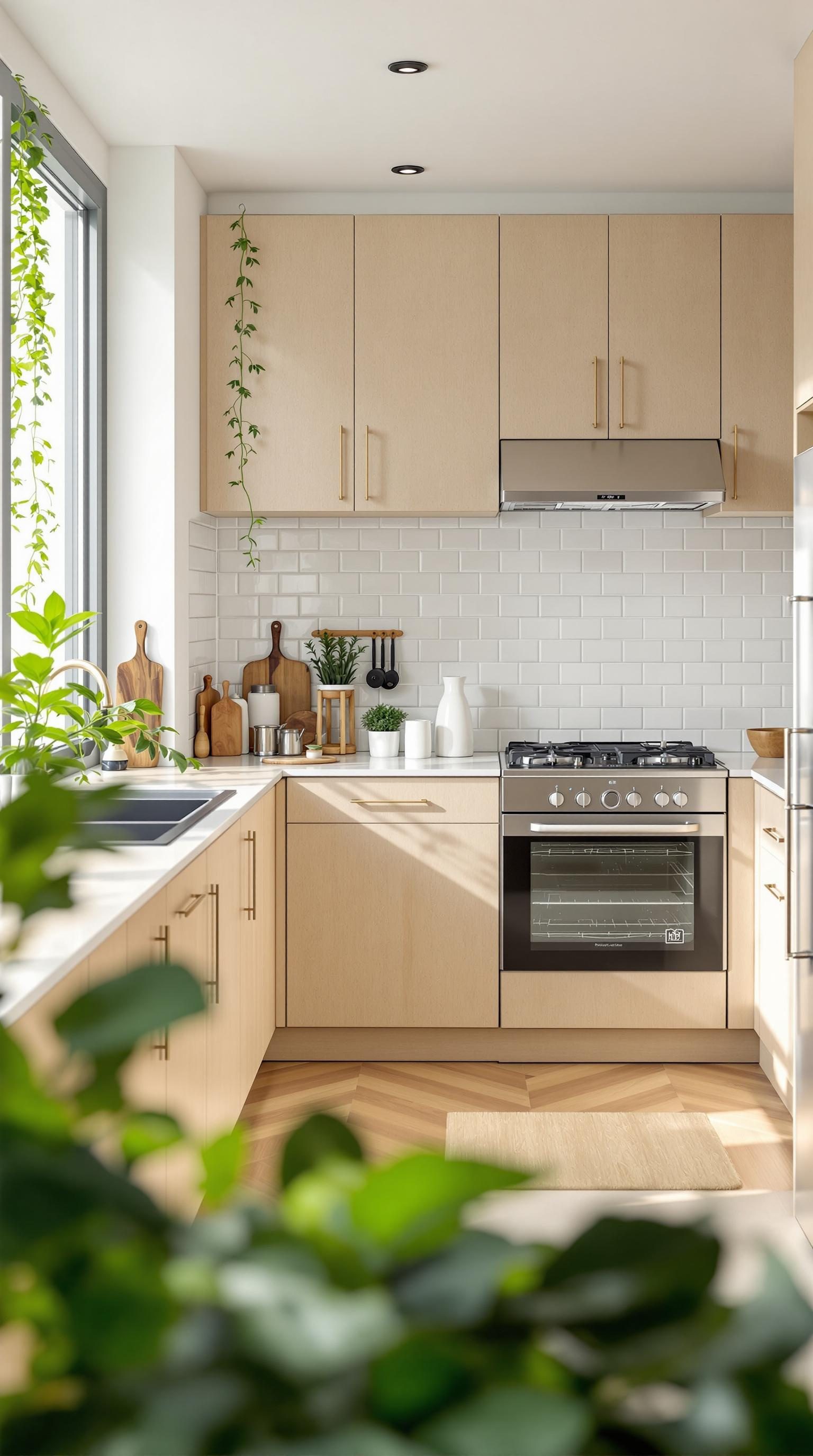 A modern kitchen with eco-friendly appliances and plants