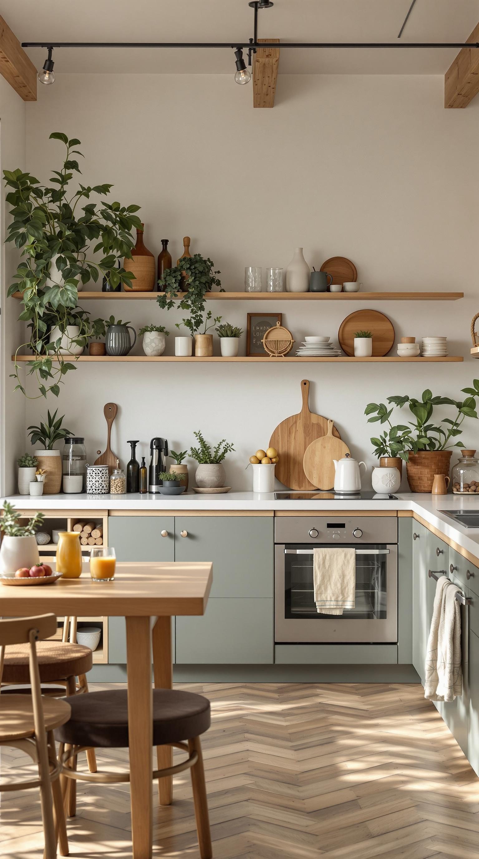 Eco-friendly kitchen with plants, natural materials, and modern design.