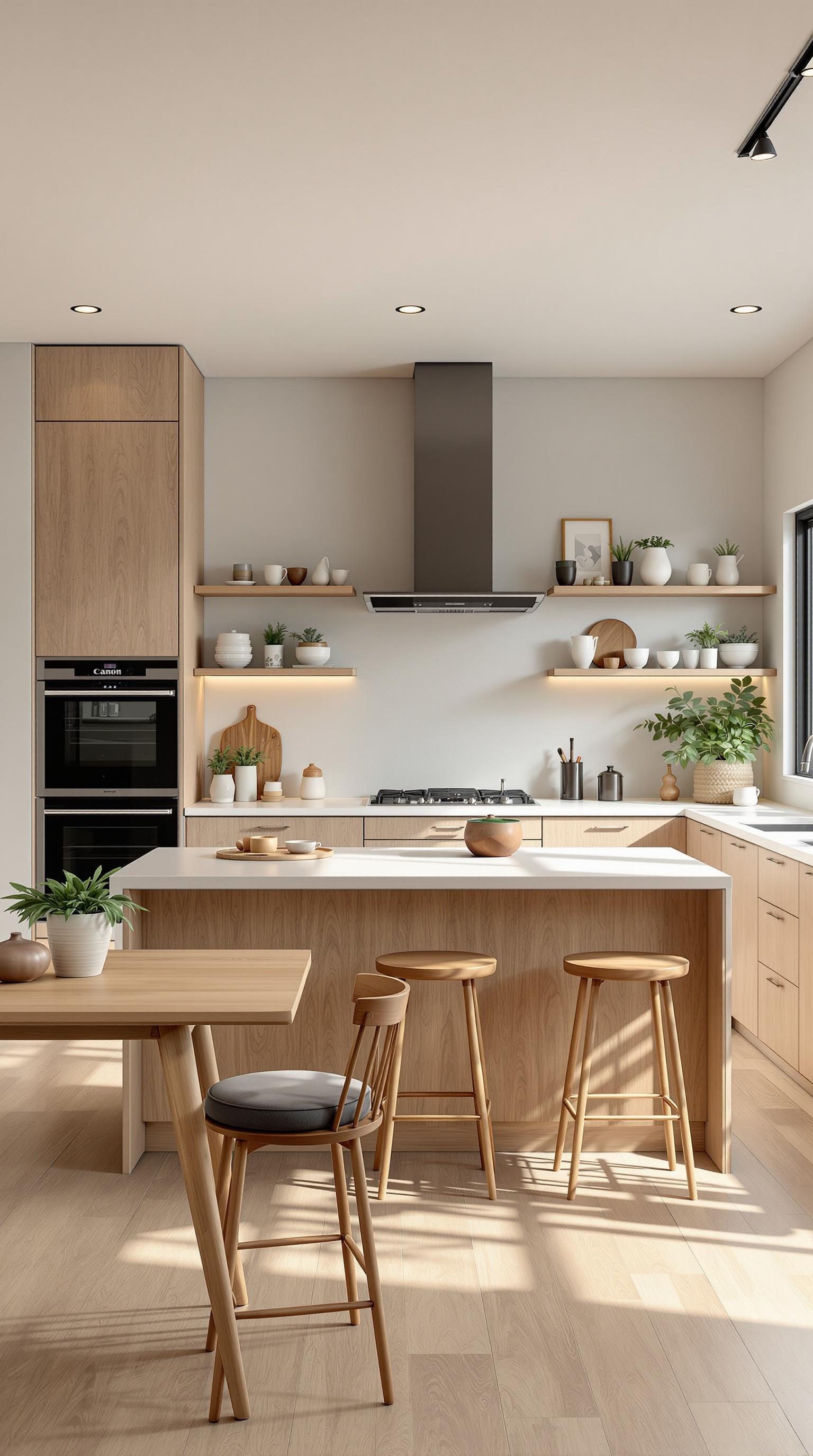 A modern luxury kitchen featuring light wood cabinets, open shelves with plants, and a clean, minimalistic design.