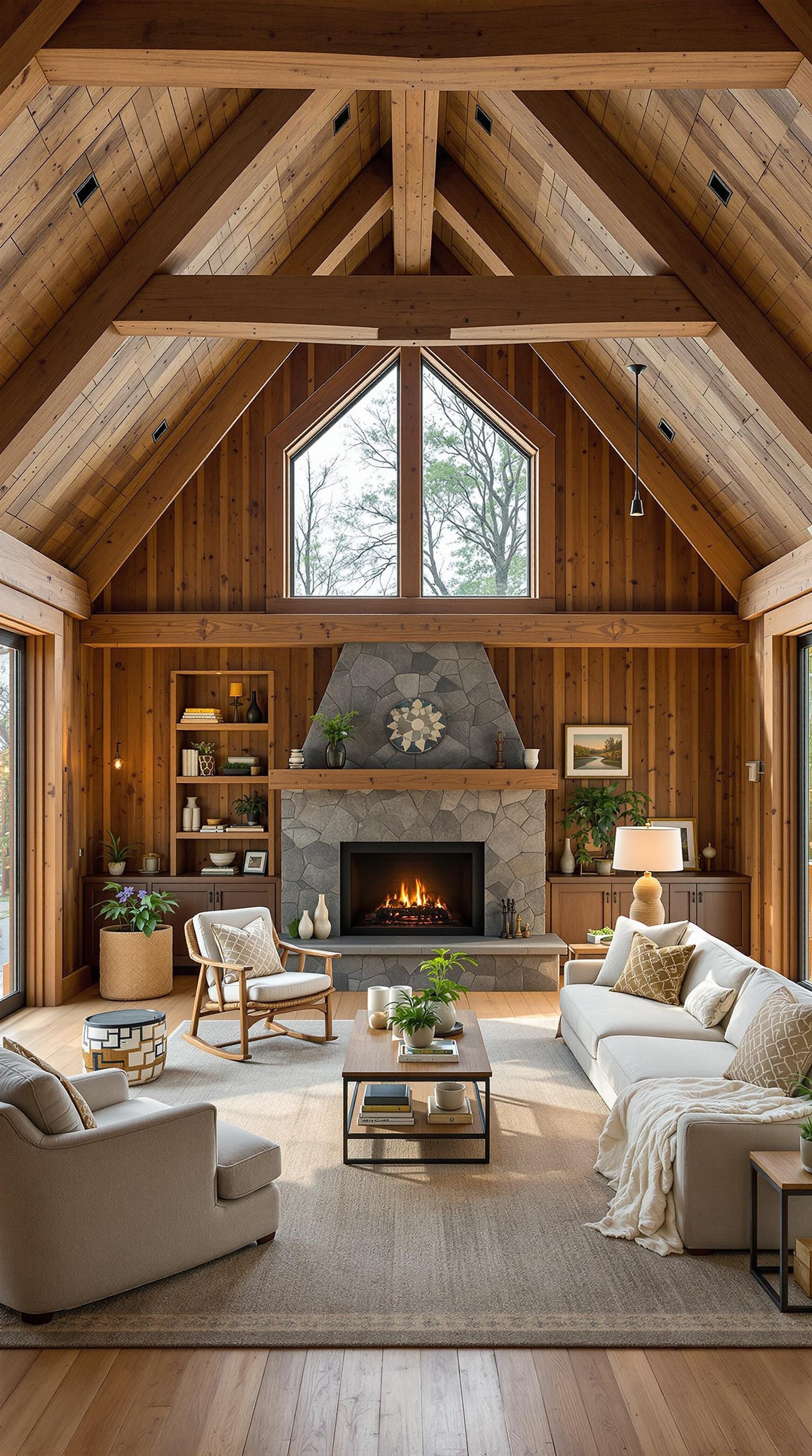 Cozy living room with wooden beams, stone fireplace, and large windows.