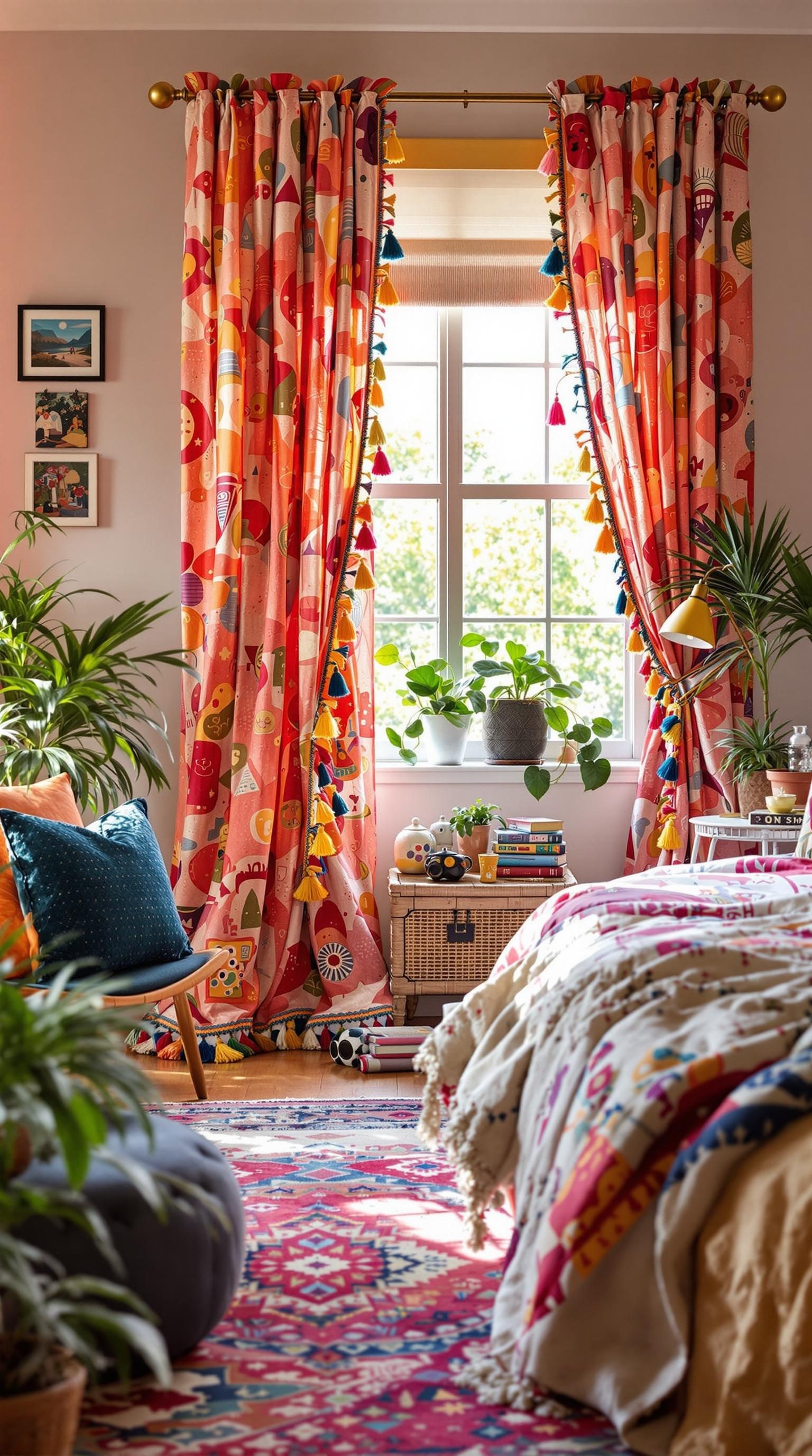 Colorful tassel trim curtains hanging in a bright boho-style bedroom