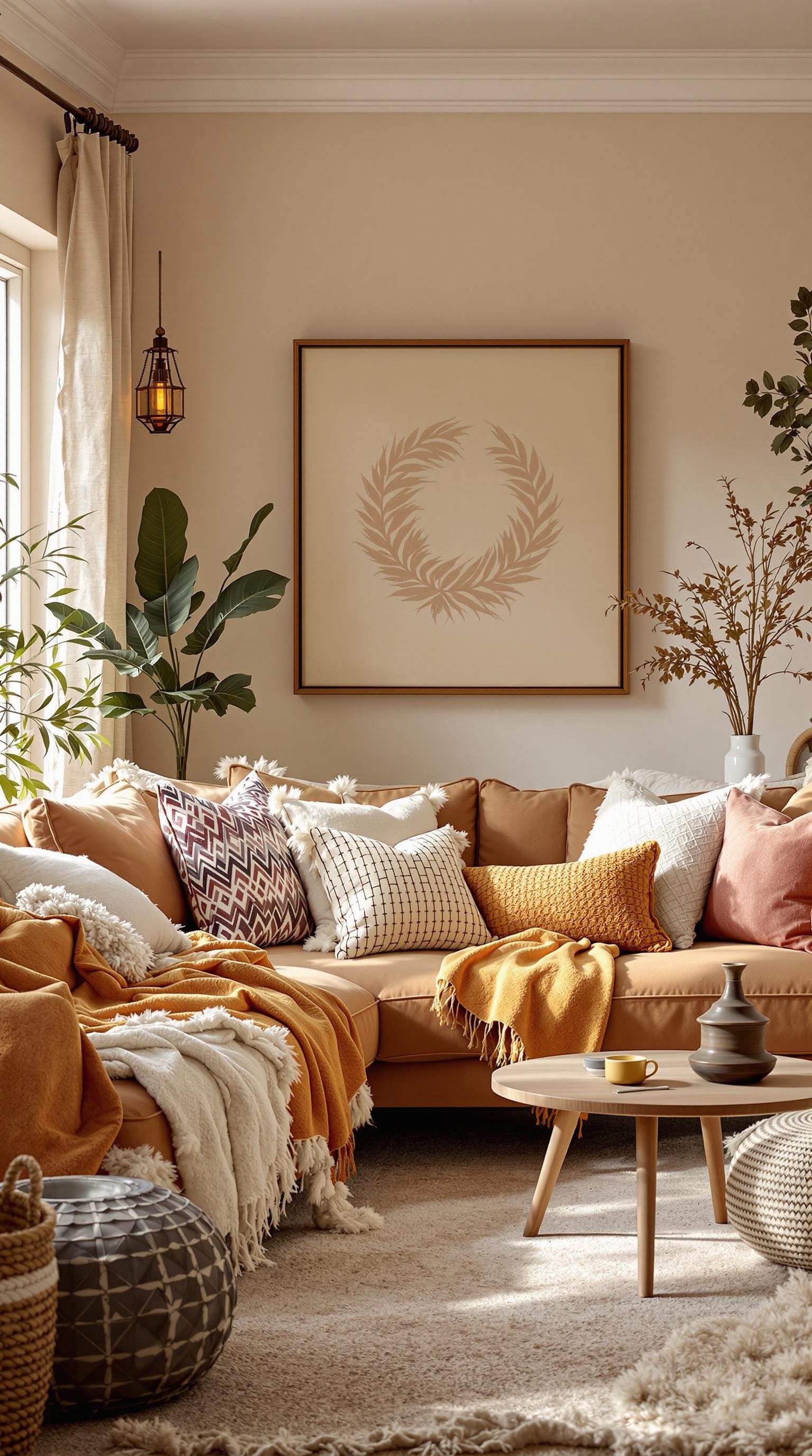 Cozy living room featuring layered fabrics and warm tones.