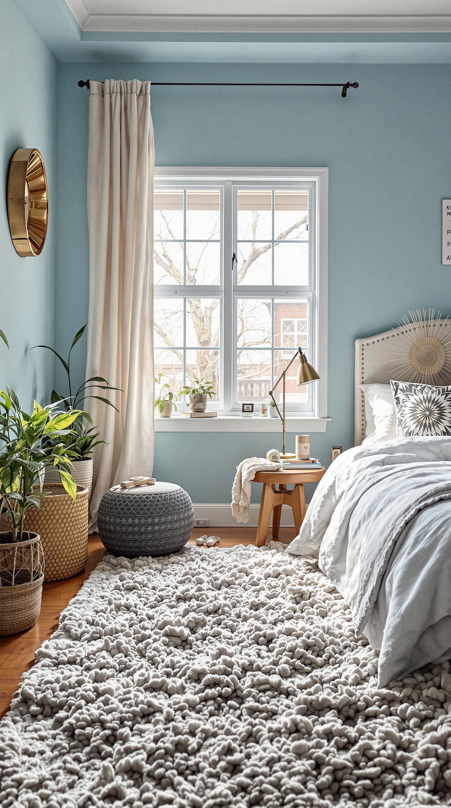 Cozy light blue boho bedroom with textured rug and plants