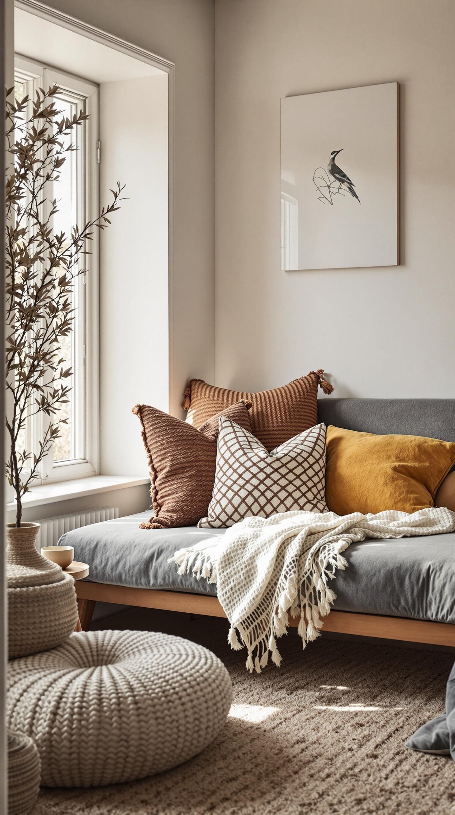 Cozy living room with textured cushions and a knitted blanket on a sofa