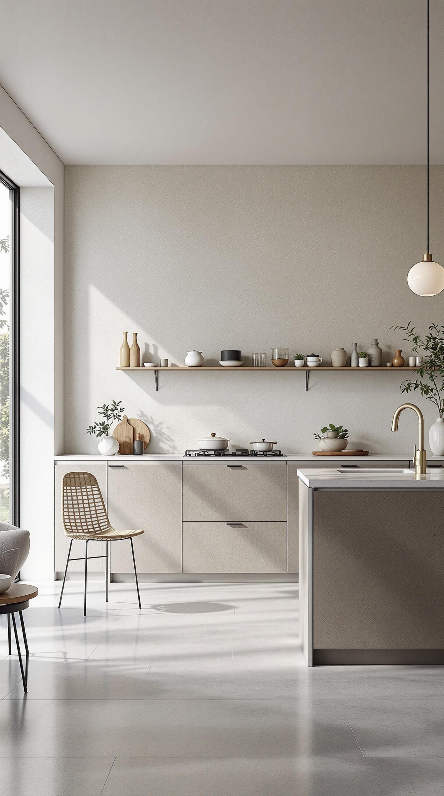 A modern luxury kitchen featuring textured wall treatments with minimalistic design.