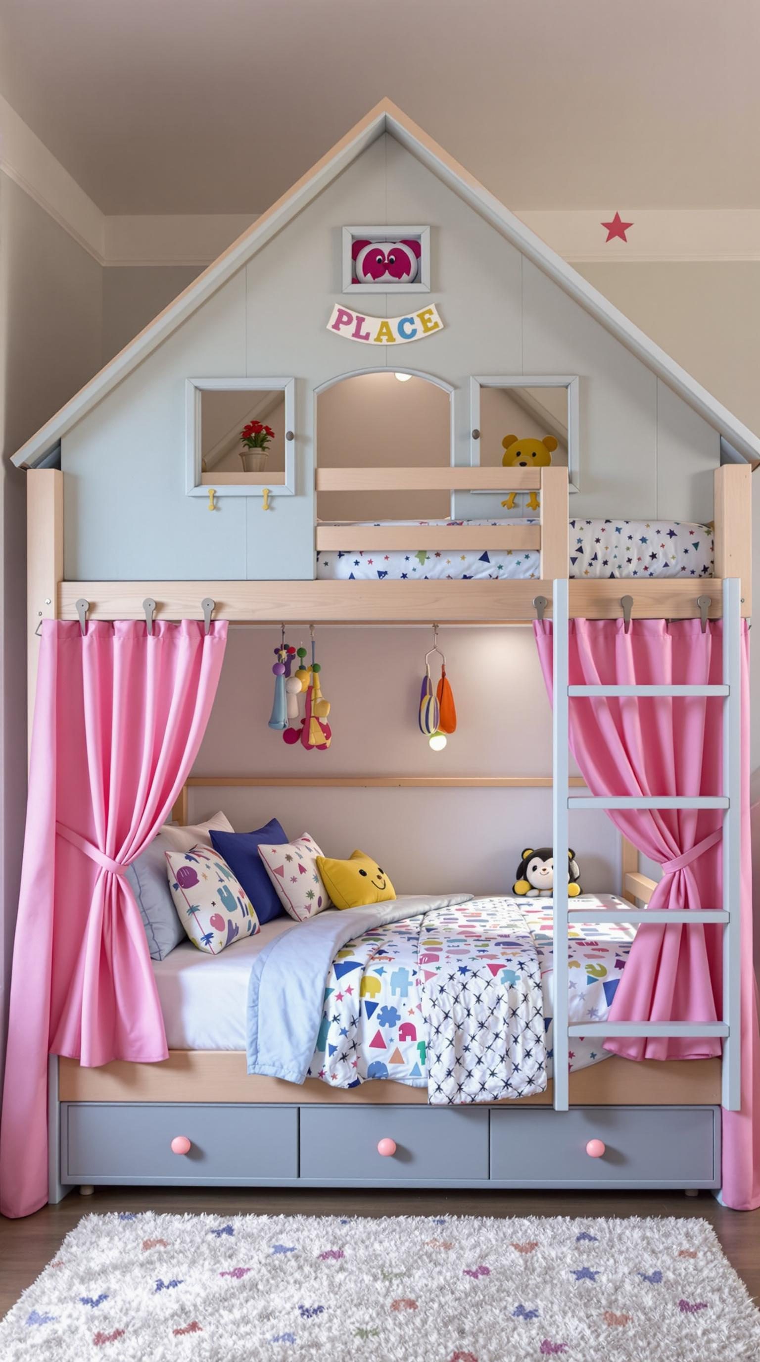 A themed bunk bed designed like a playhouse with colorful bedding and playful decorations.