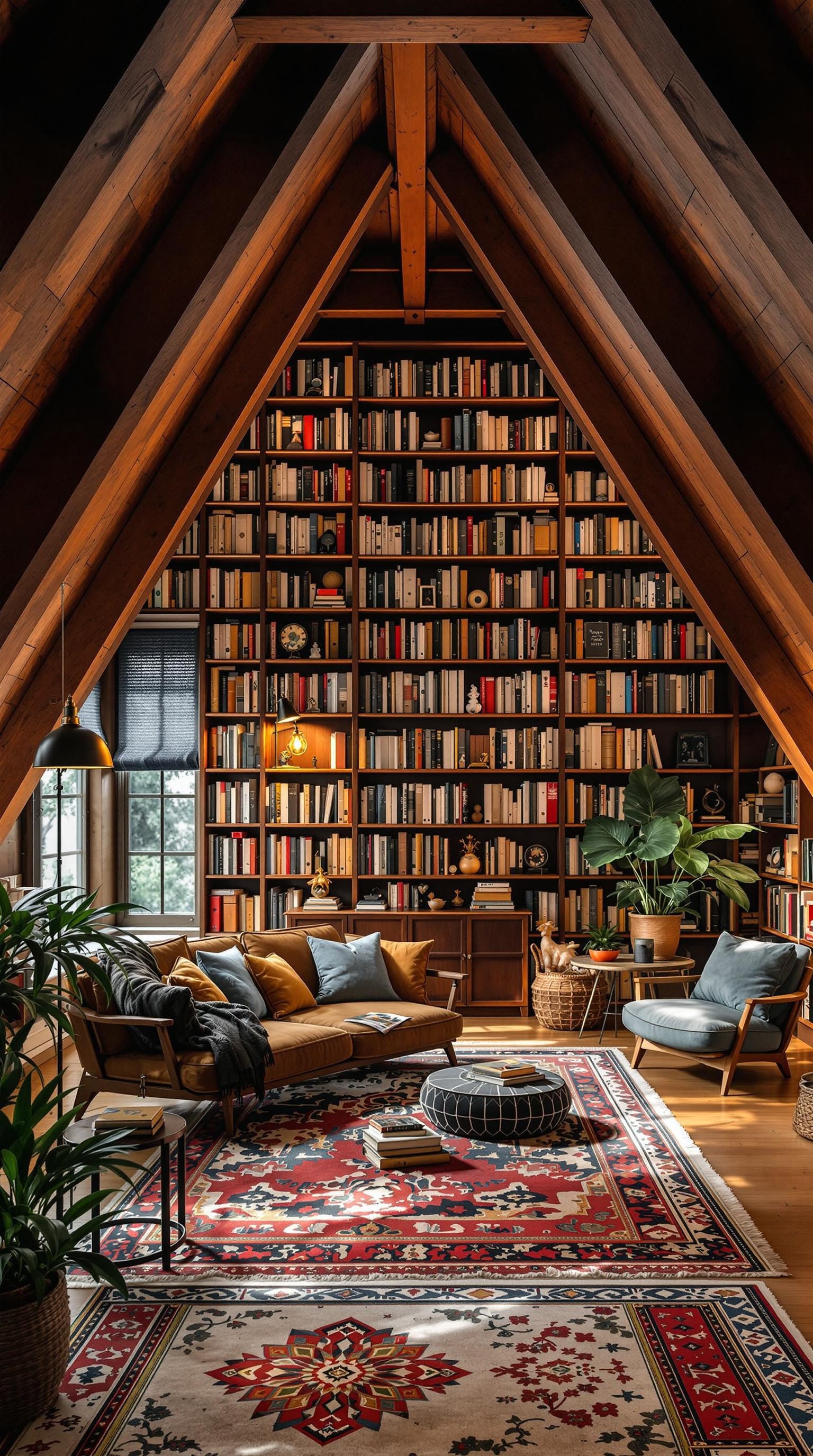 A cozy attic library with wooden shelves filled with books, comfortable seating, and warm lighting.