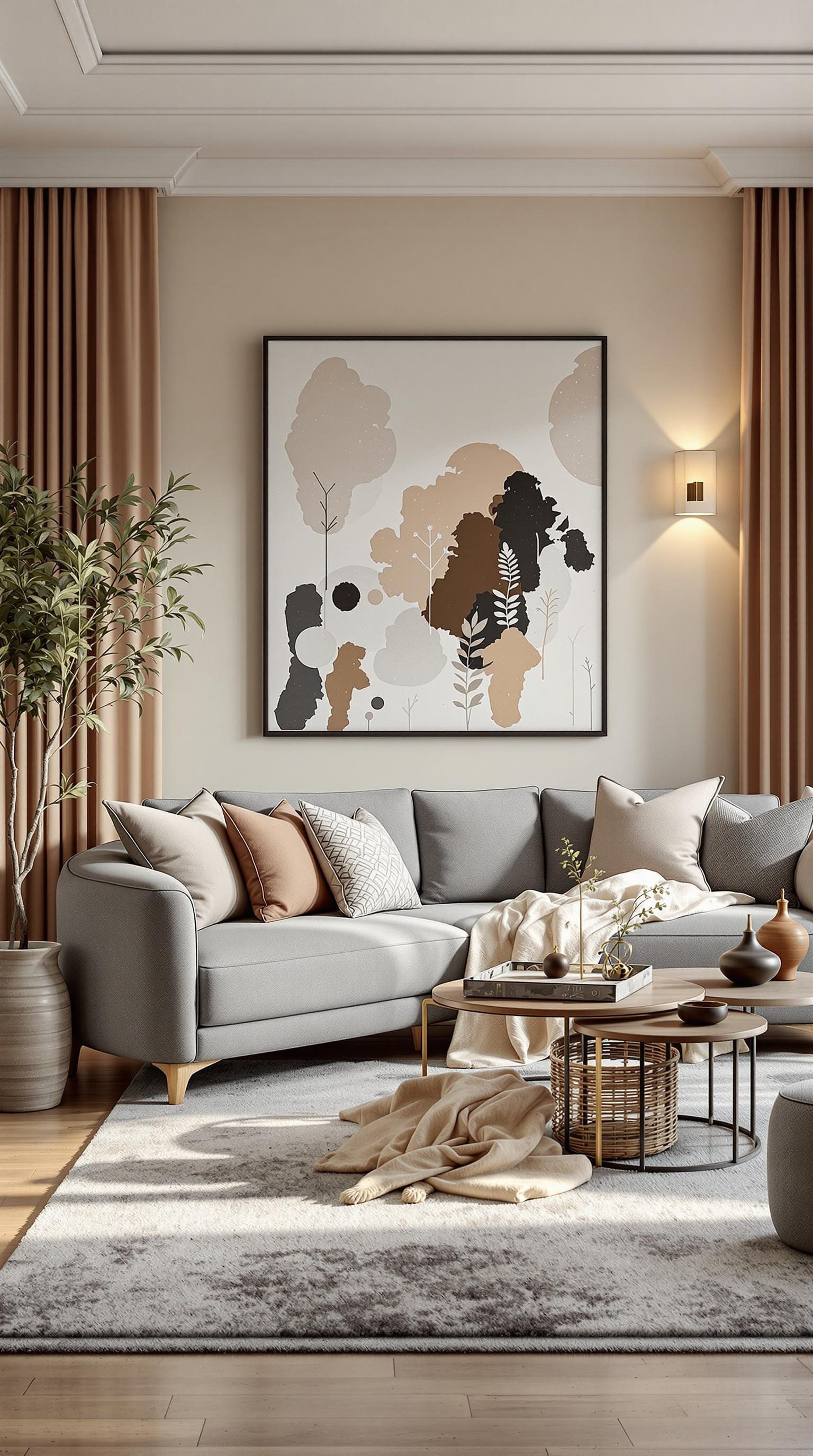 A cozy grey couch living room featuring warm tones and stylish decor.