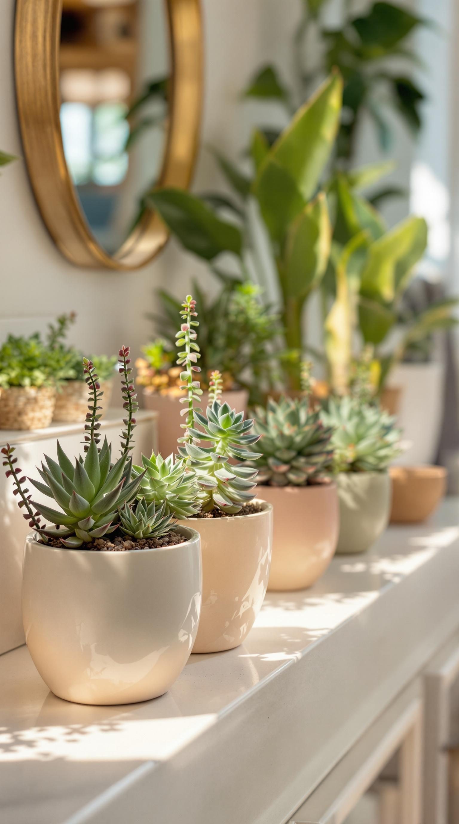 A variety of succulent plants in stylish pots arranged on a table near a mirror.