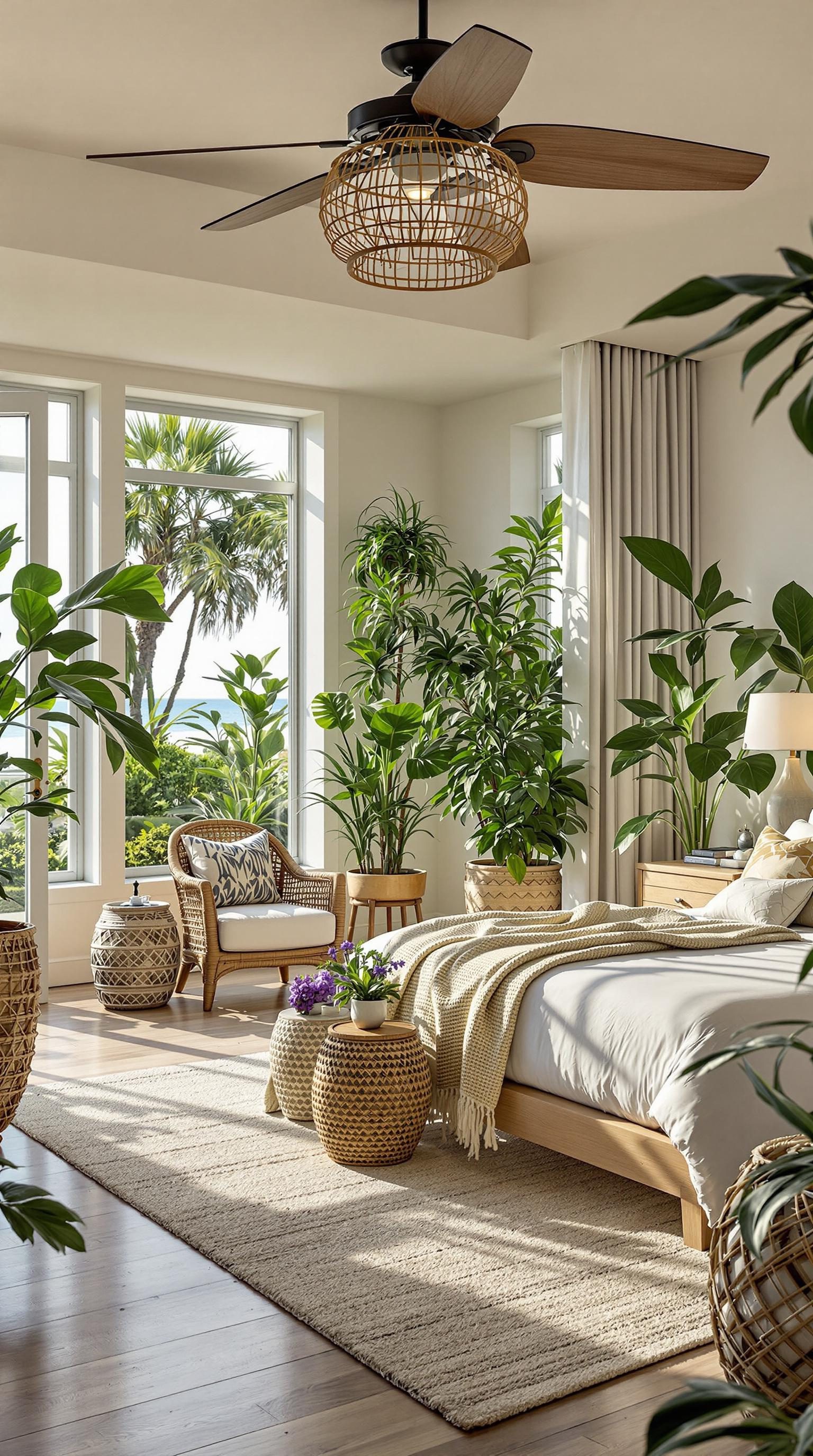 A bright coastal master bedroom with plenty of tropical plants and natural decor.