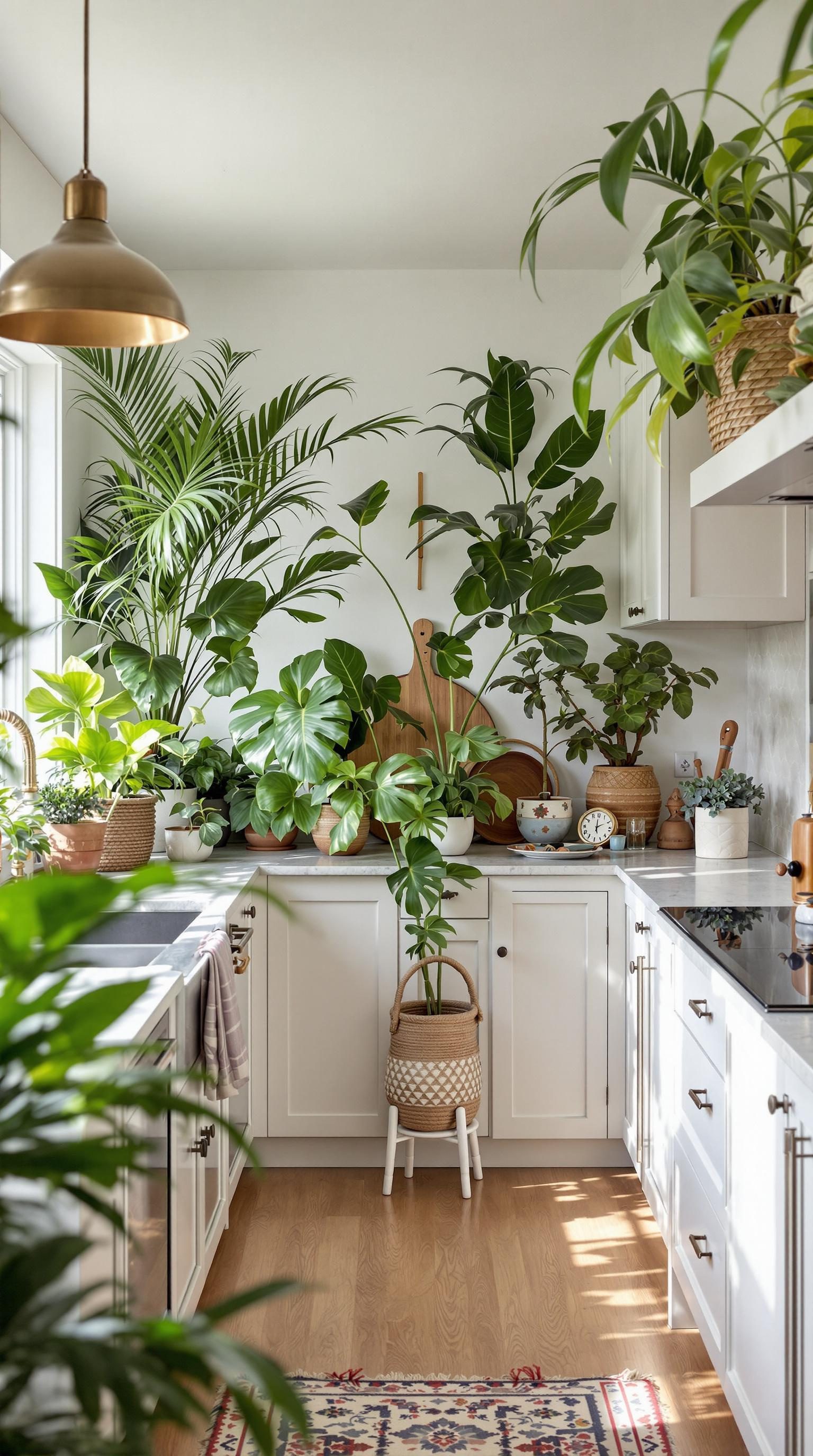 A bright kitchen filled with tropical plants and natural decor elements.