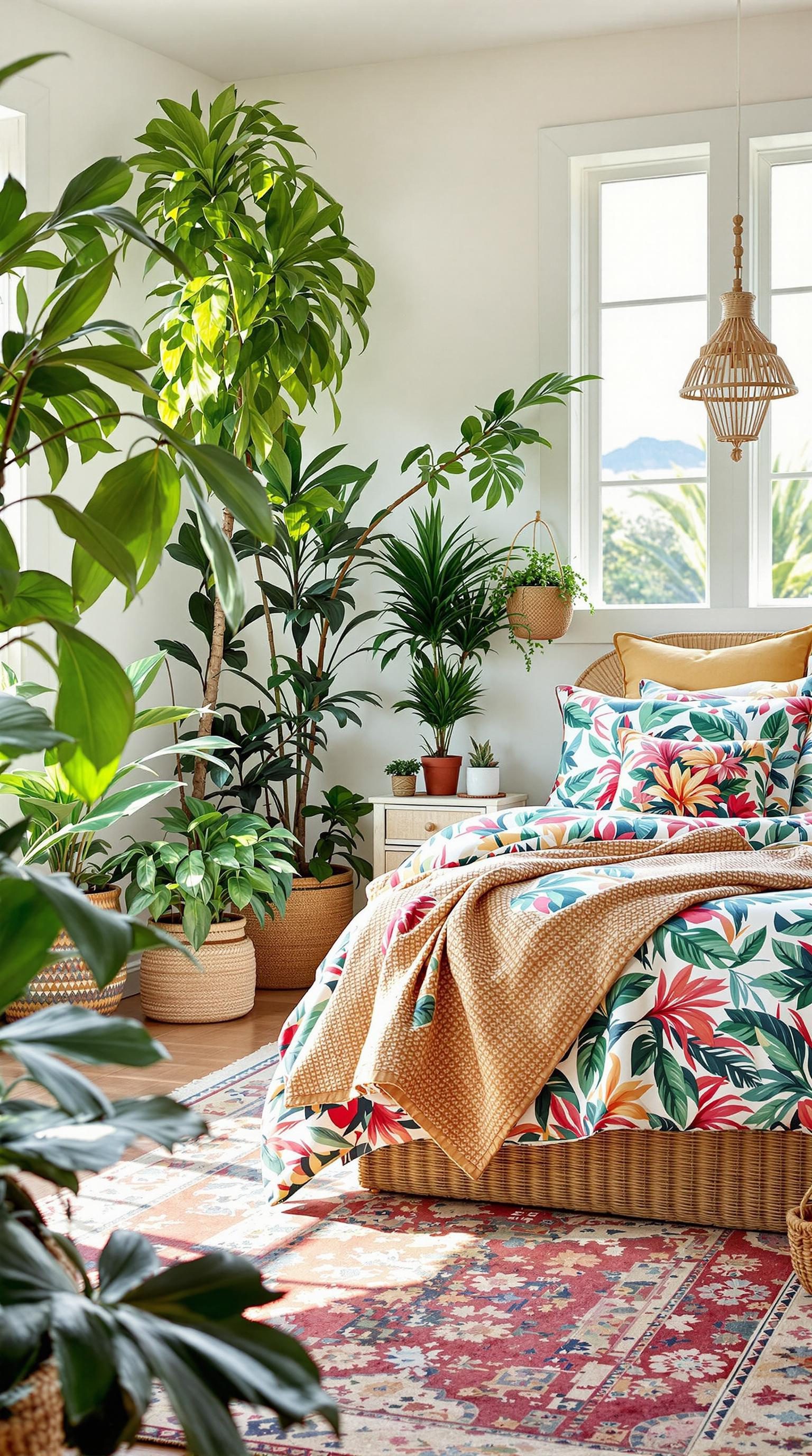 A bright bedroom featuring tropical prints on bedding and various indoor plants.