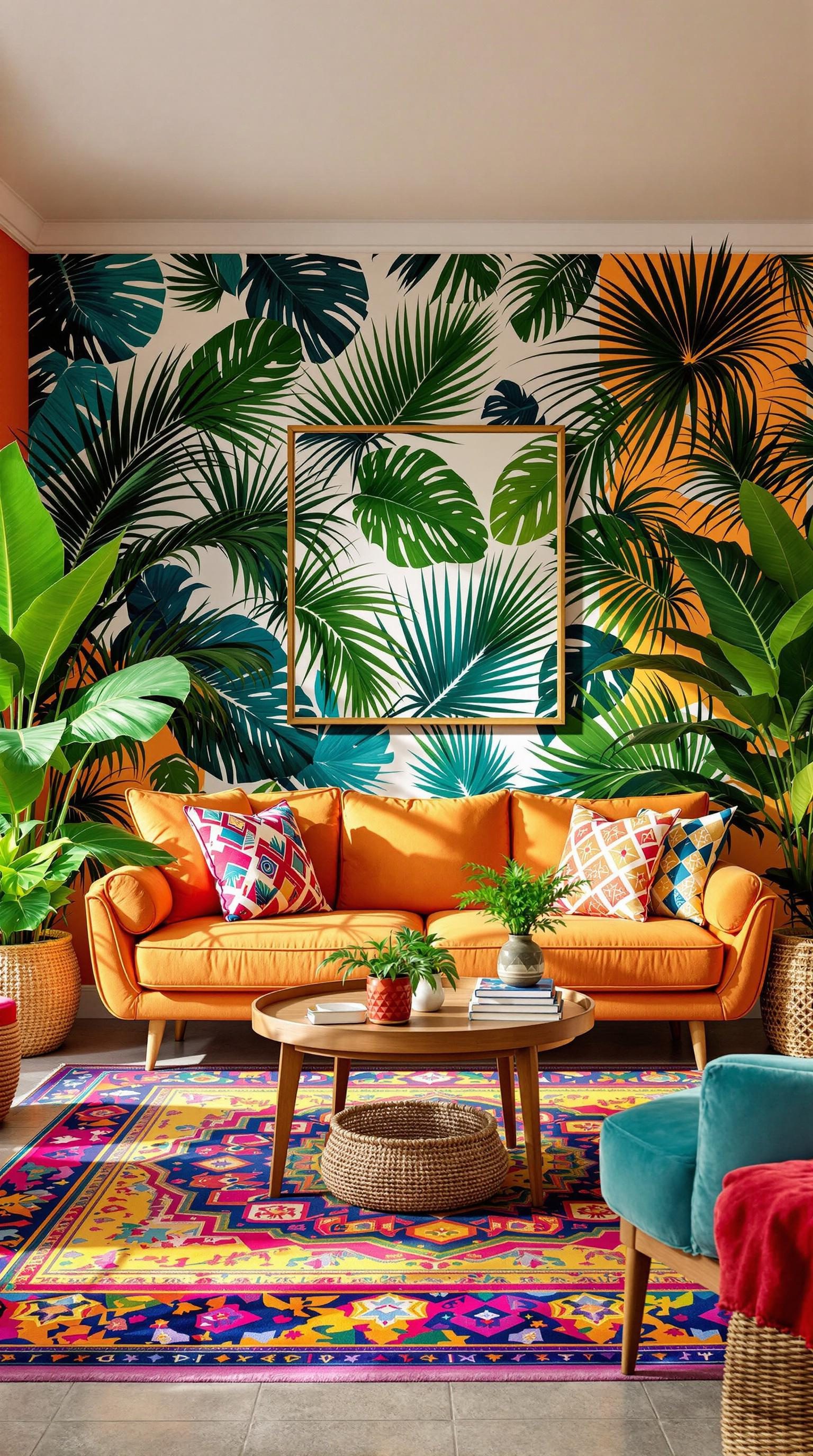 A bright coastal living room featuring an orange sofa, colorful pillows, and tropical plant decor.