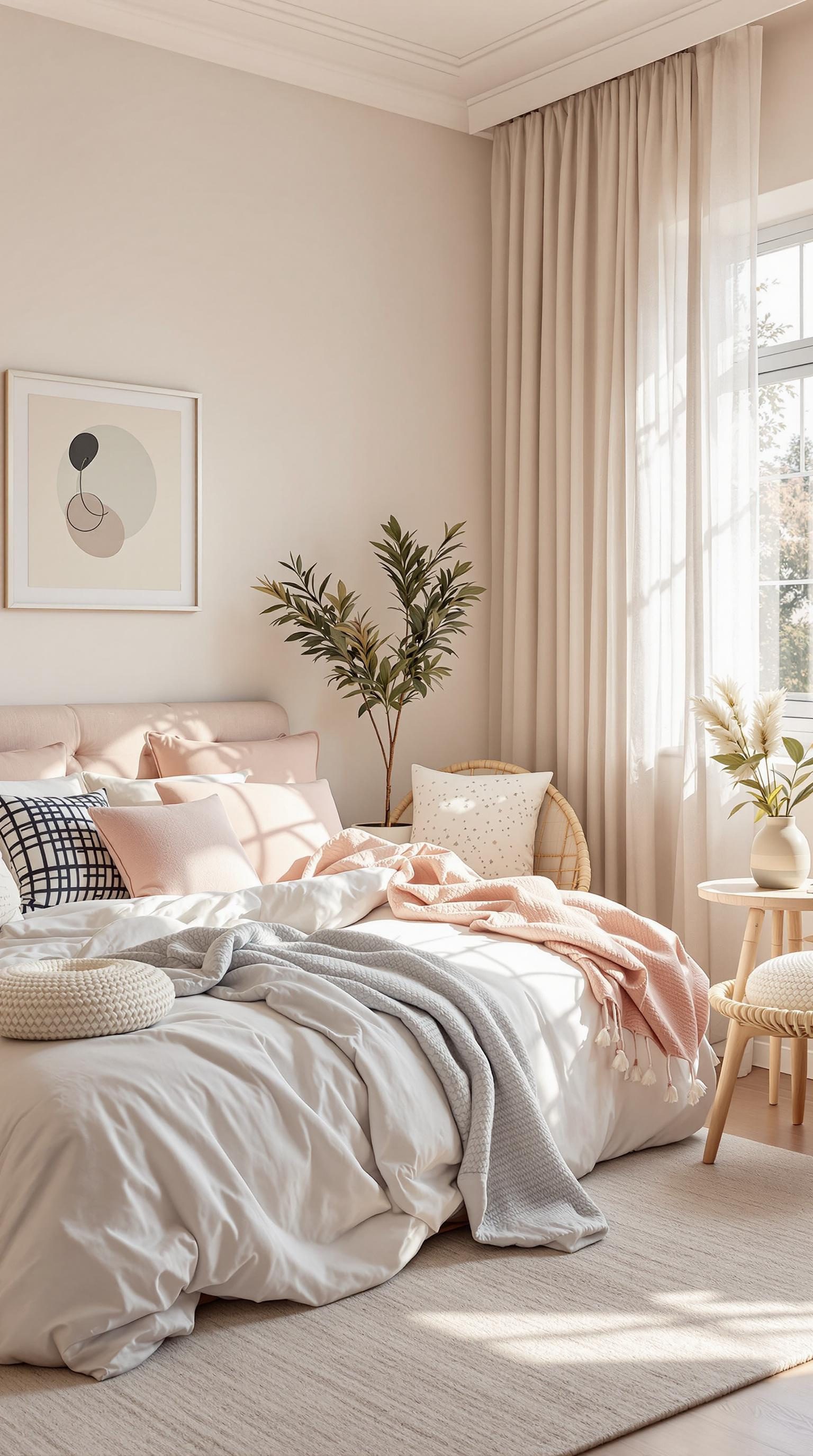 A minimalistic bedroom with soft colors, featuring a cozy bed, decorative pillows, and a small plant.