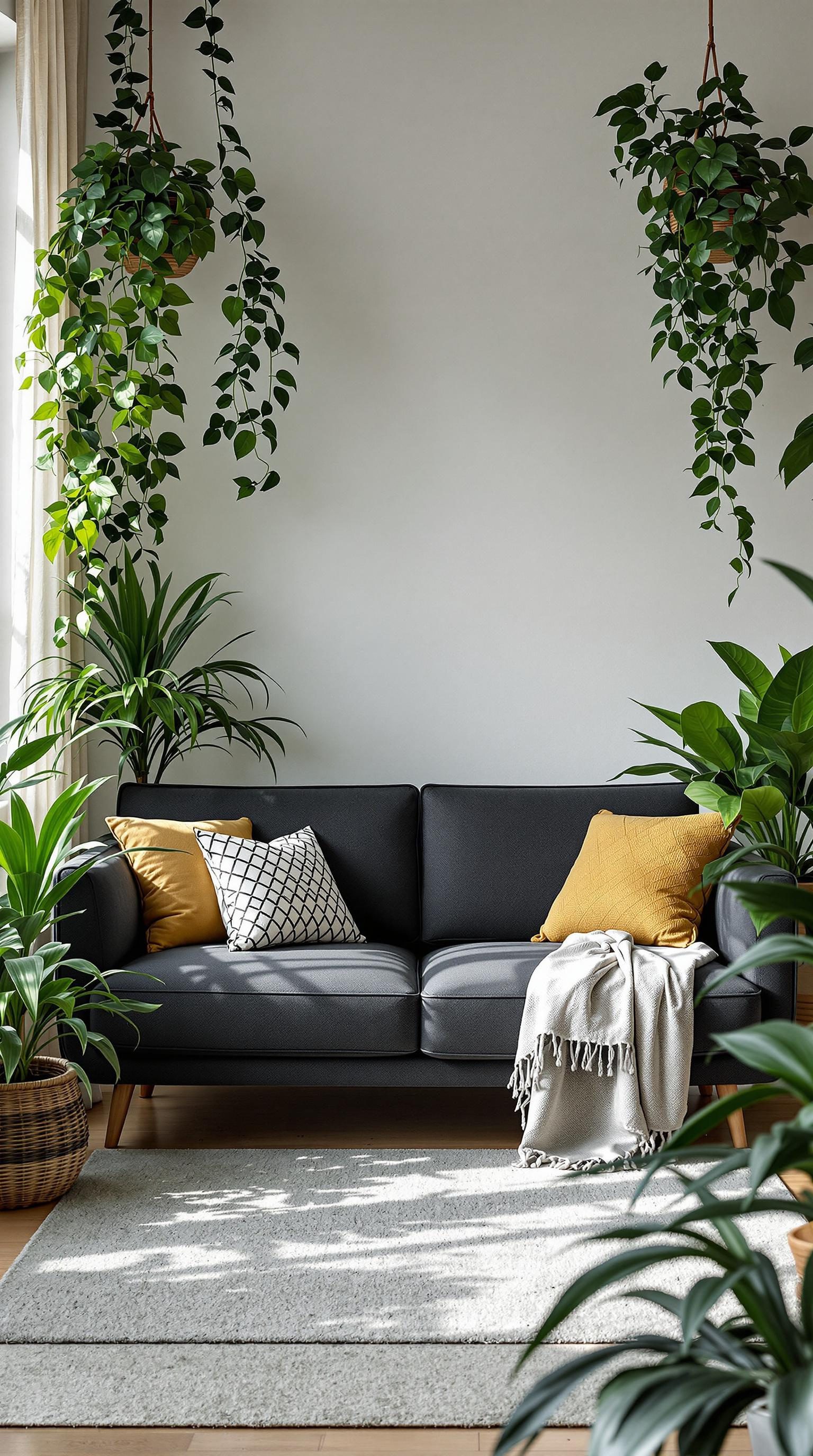 A dark grey couch in a living room surrounded by plants.