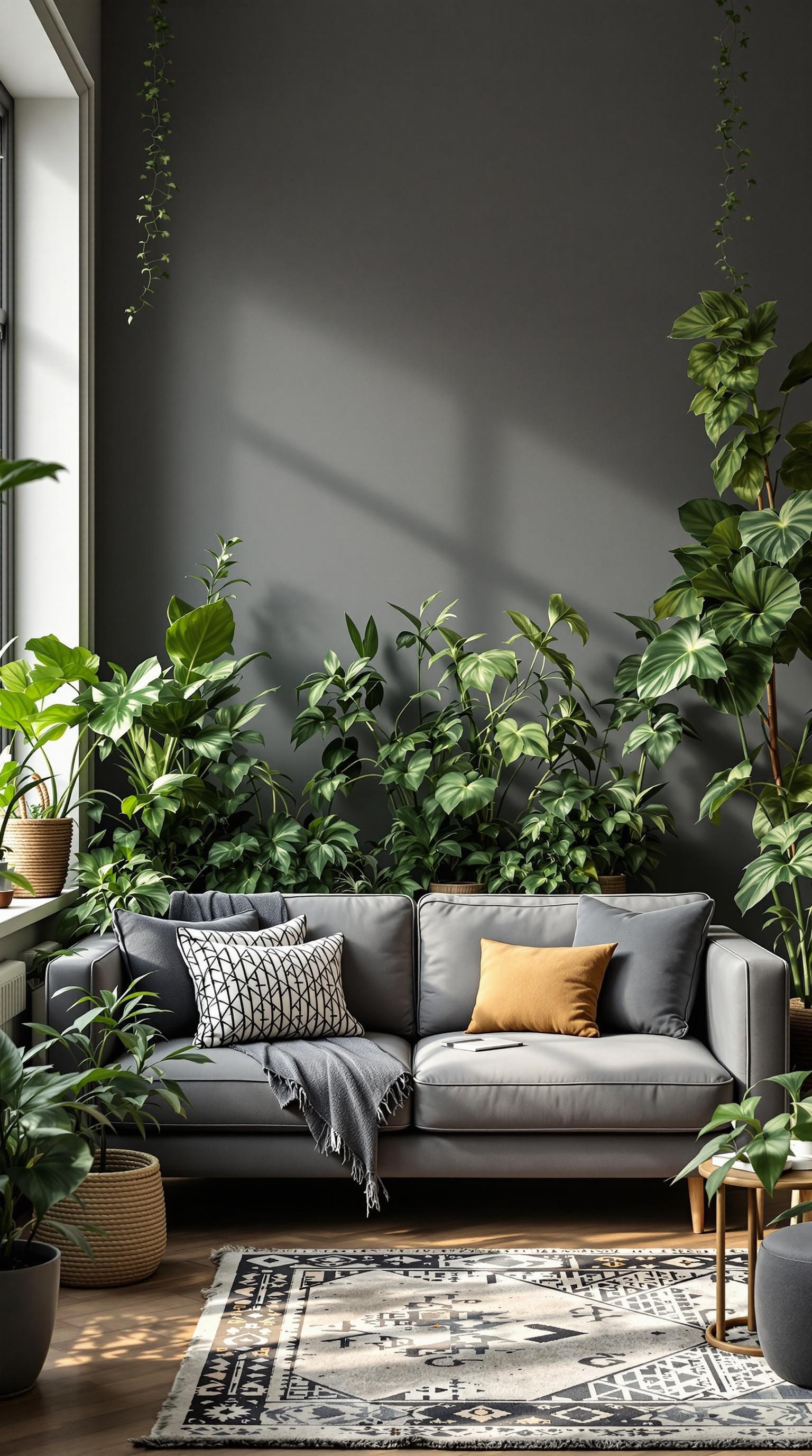 A cozy living room featuring a grey couch surrounded by various green plants.