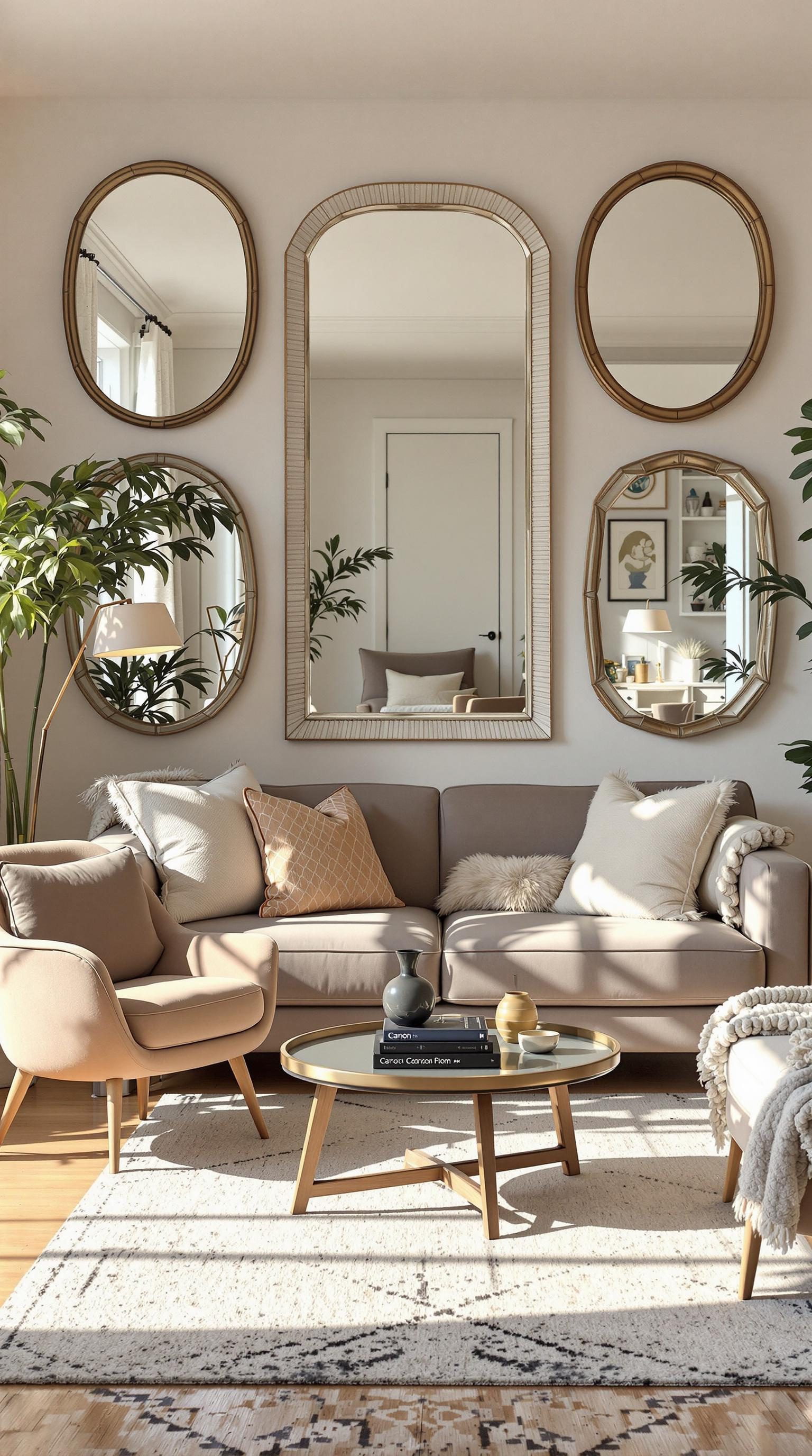 A cozy living room with mirrors reflecting natural light.