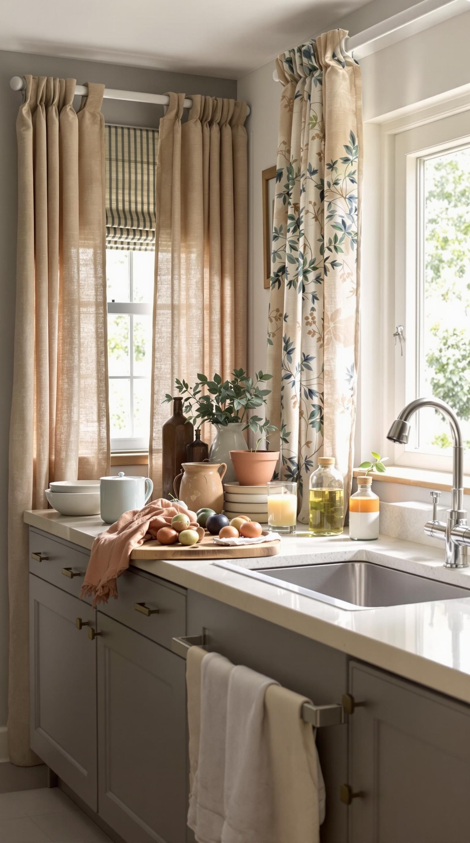 A cozy kitchen with warm textiles, featuring light curtains and a table with fresh produce.