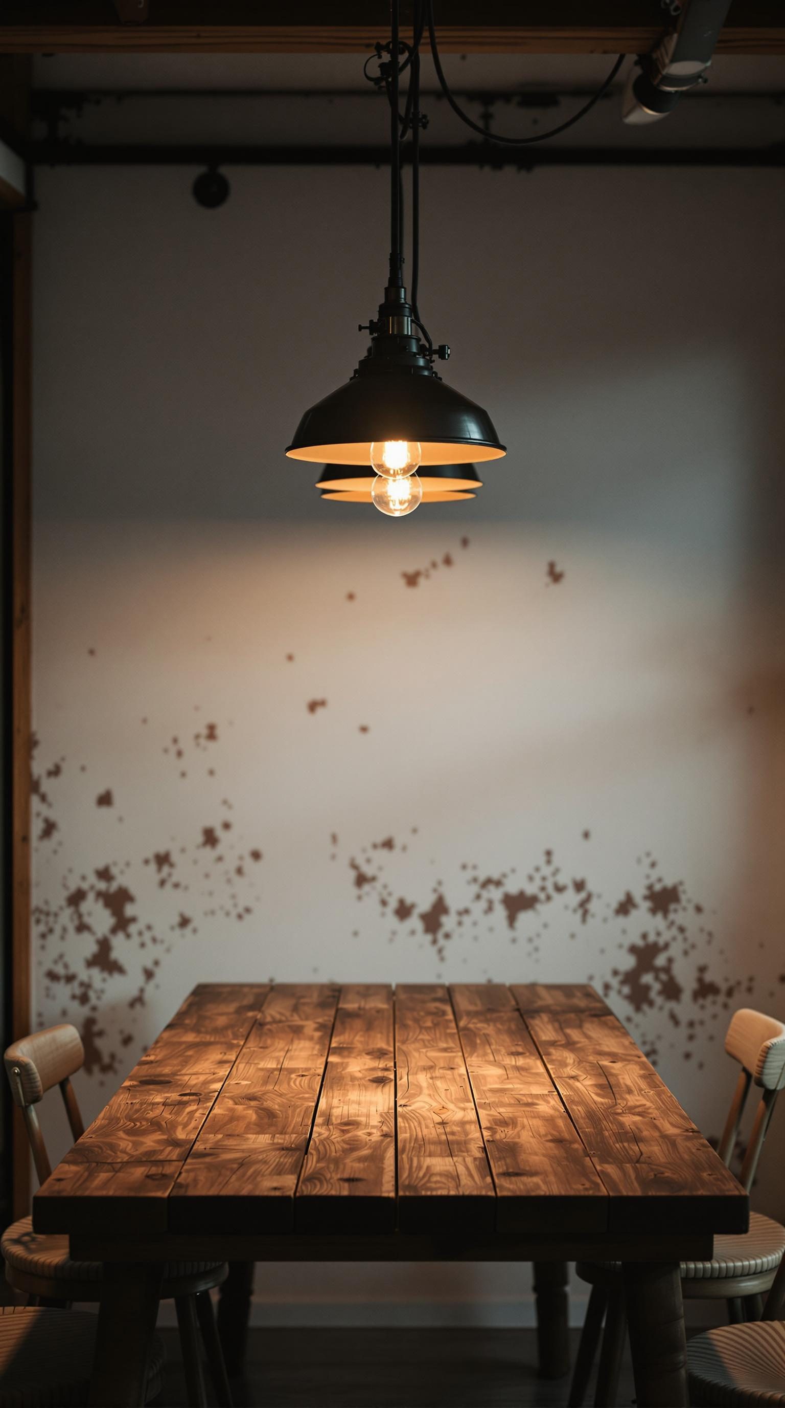 A wooden table with two chairs under a hanging black pendant light.