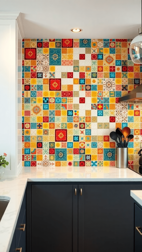 A vibrant mosaic backsplash in a kitchen featuring various colorful tiles.