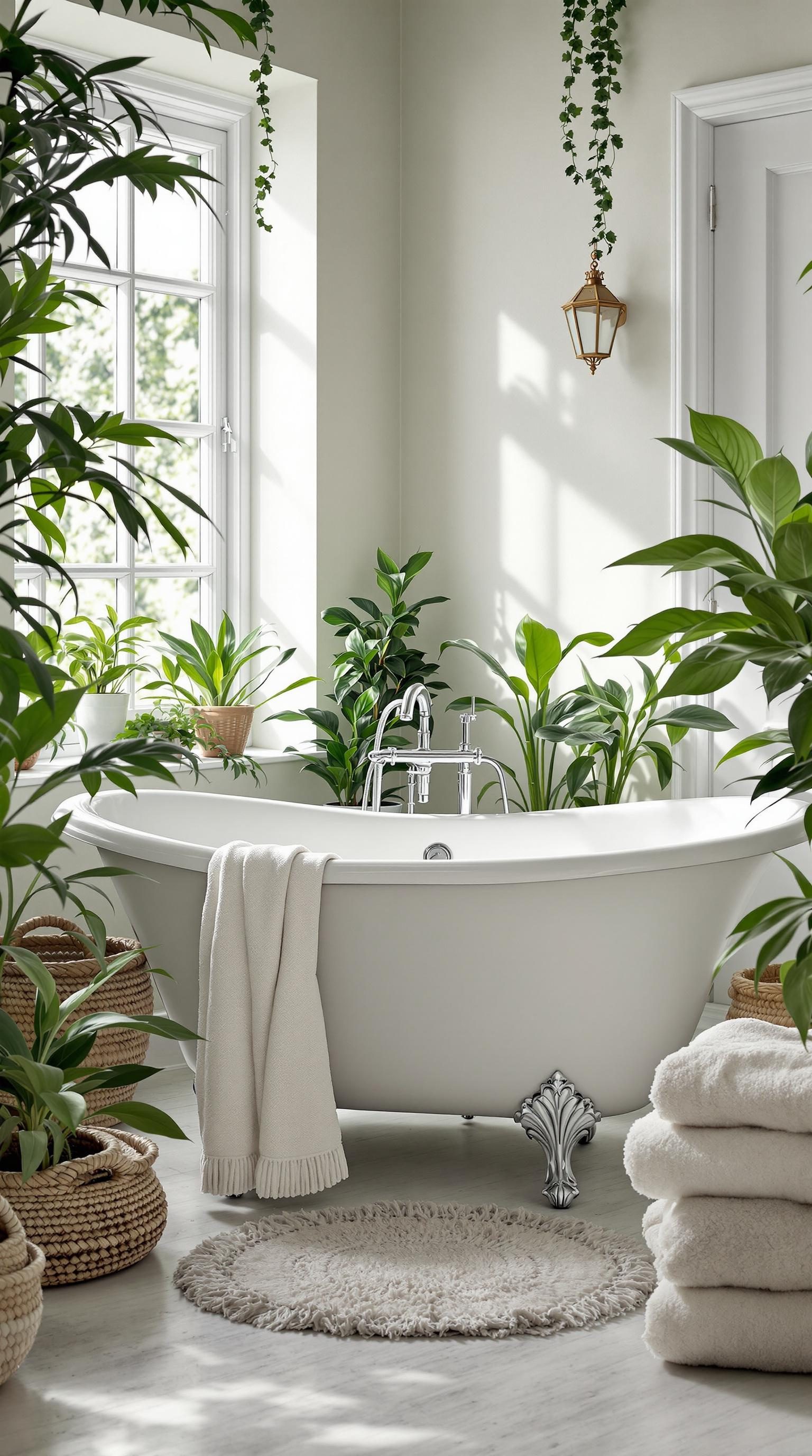 A vintage-inspired bathtub surrounded by plants, towels, and a cozy atmosphere.