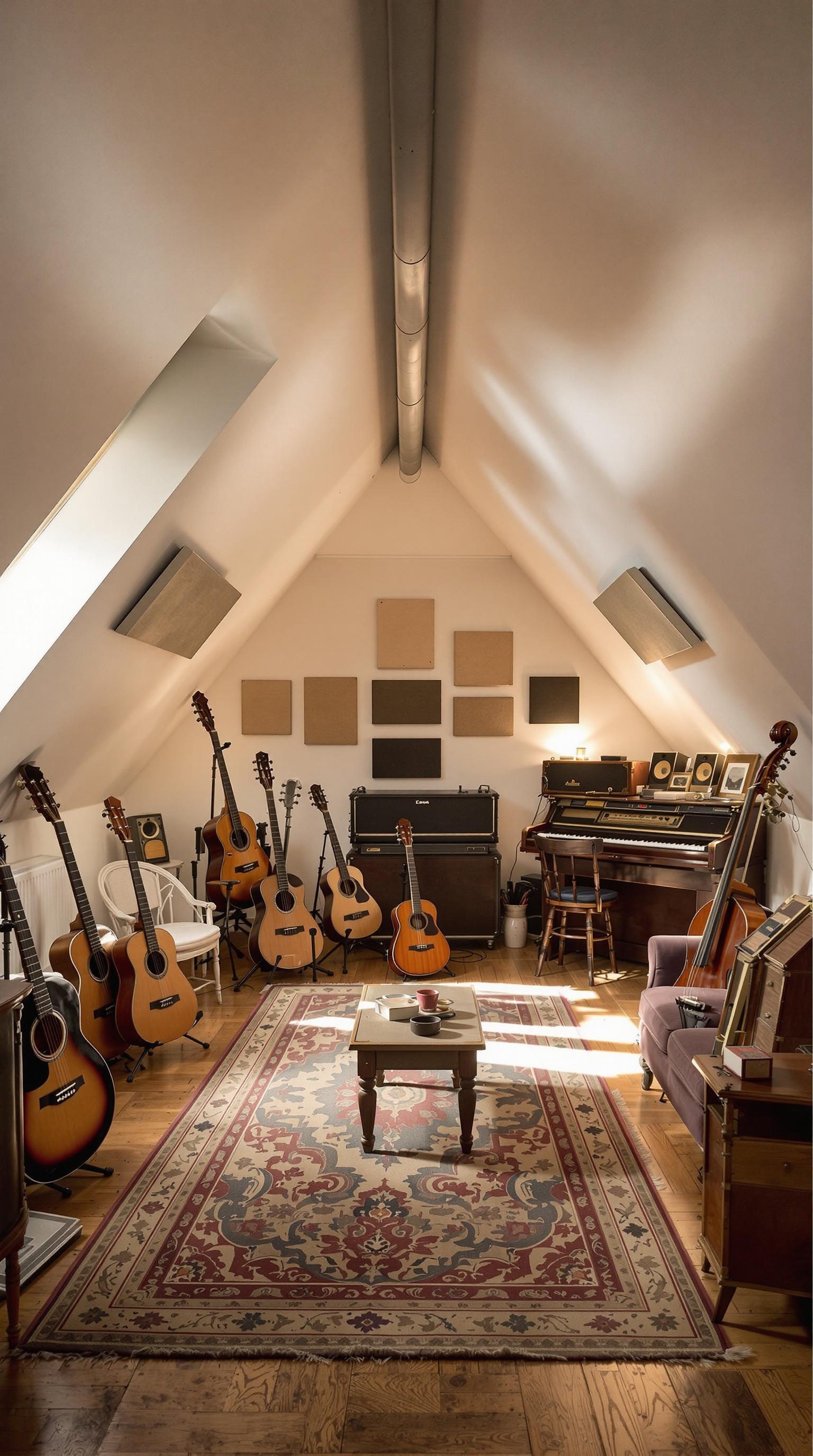 A vintage-inspired music room with guitars, a piano, and a cozy atmosphere.