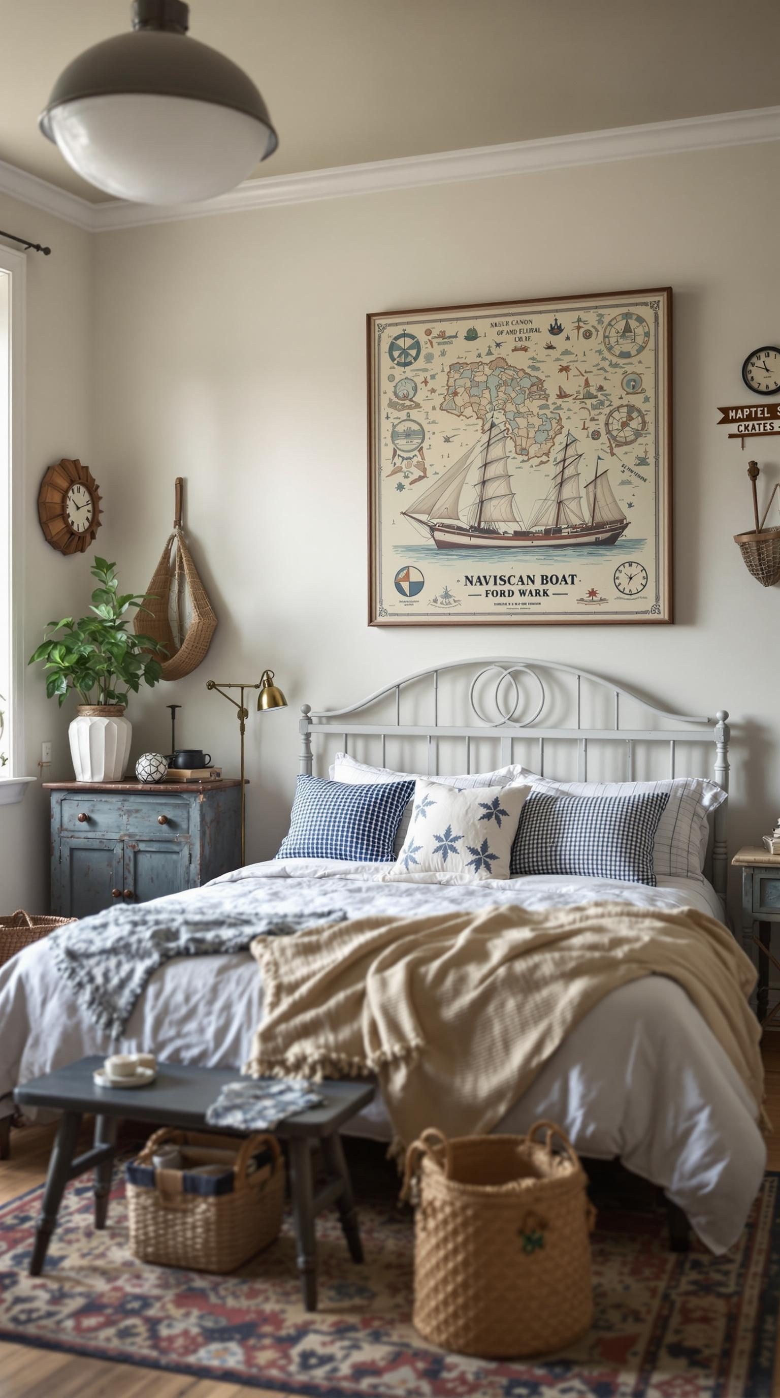 Cozy bedroom with vintage boat artwork and coastal decor.