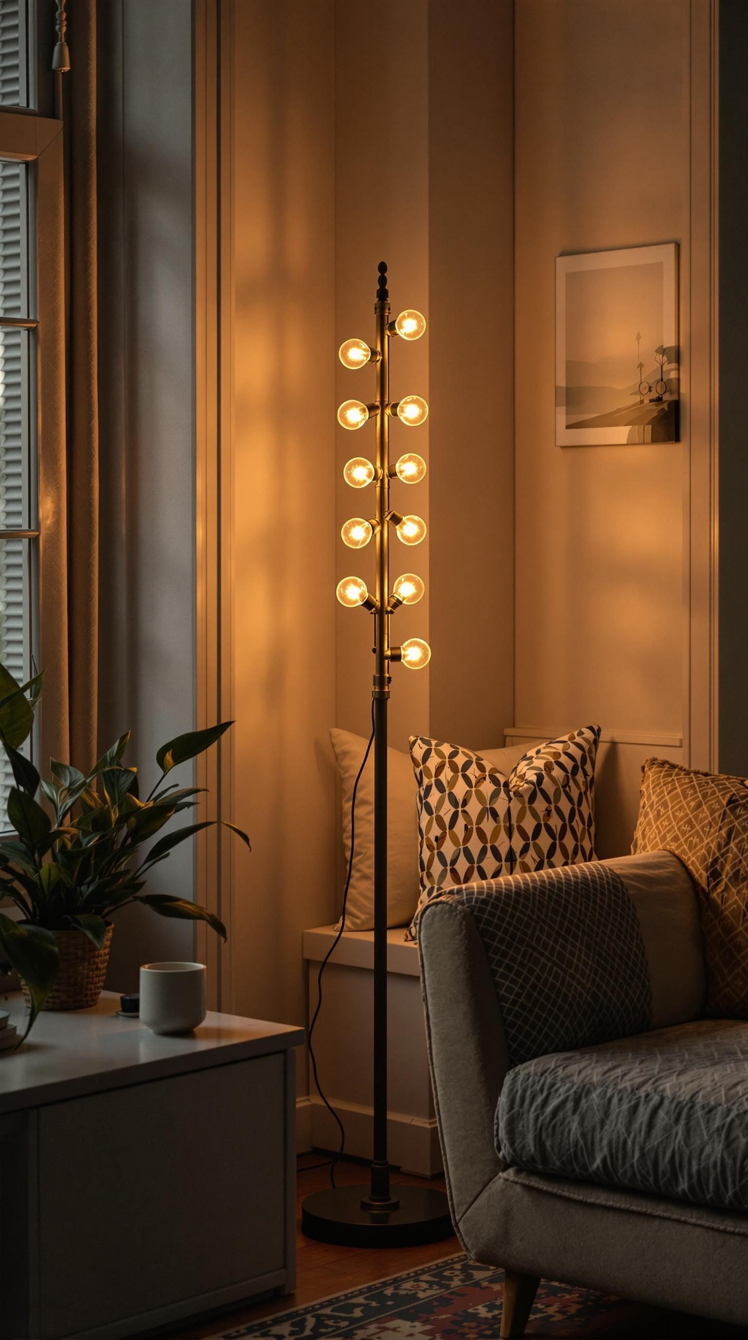 A stylish vintage floor lamp with warm bulbs in a cozy living room setting.