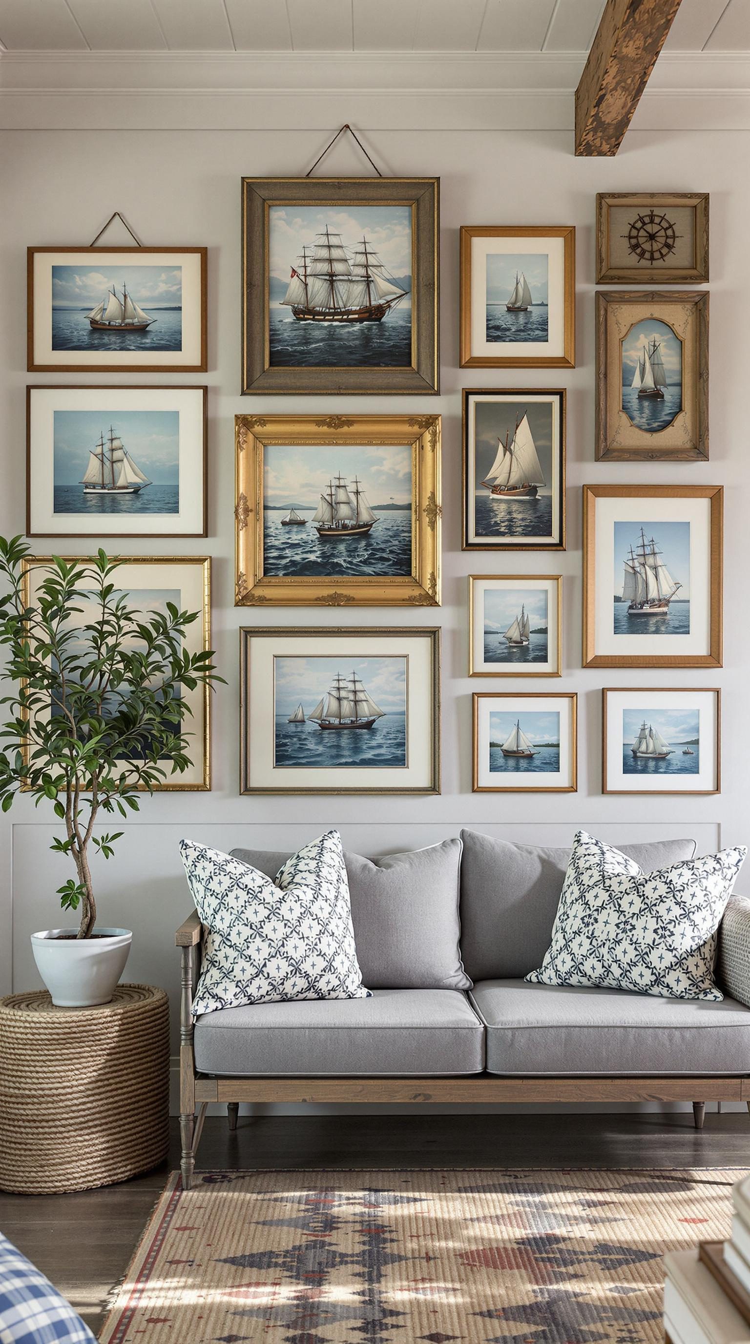 A collection of vintage maritime artwork displayed on a wall, featuring various framed ship paintings.