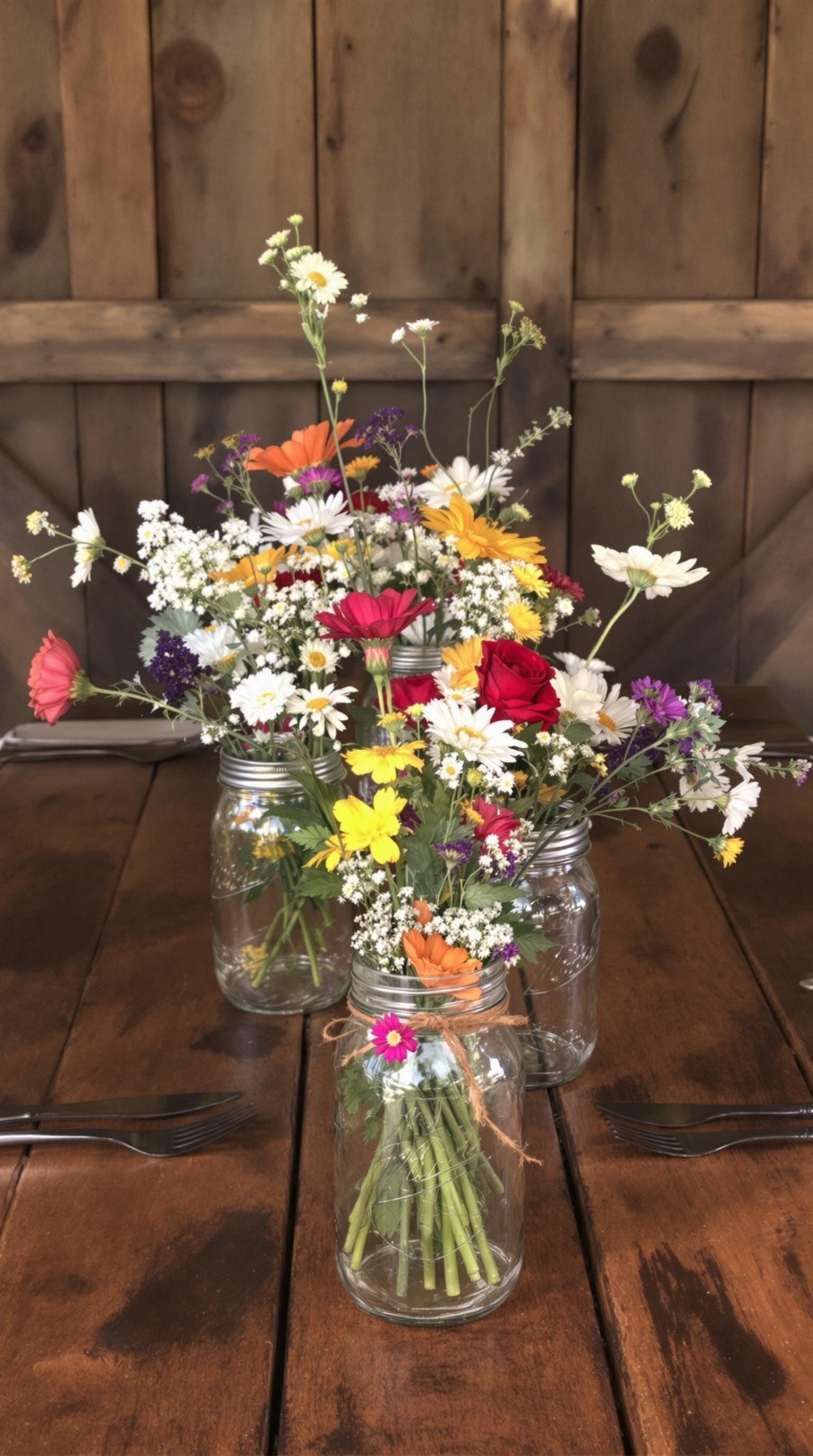 Colorful flowers in vintage mason jars on a wooden table.