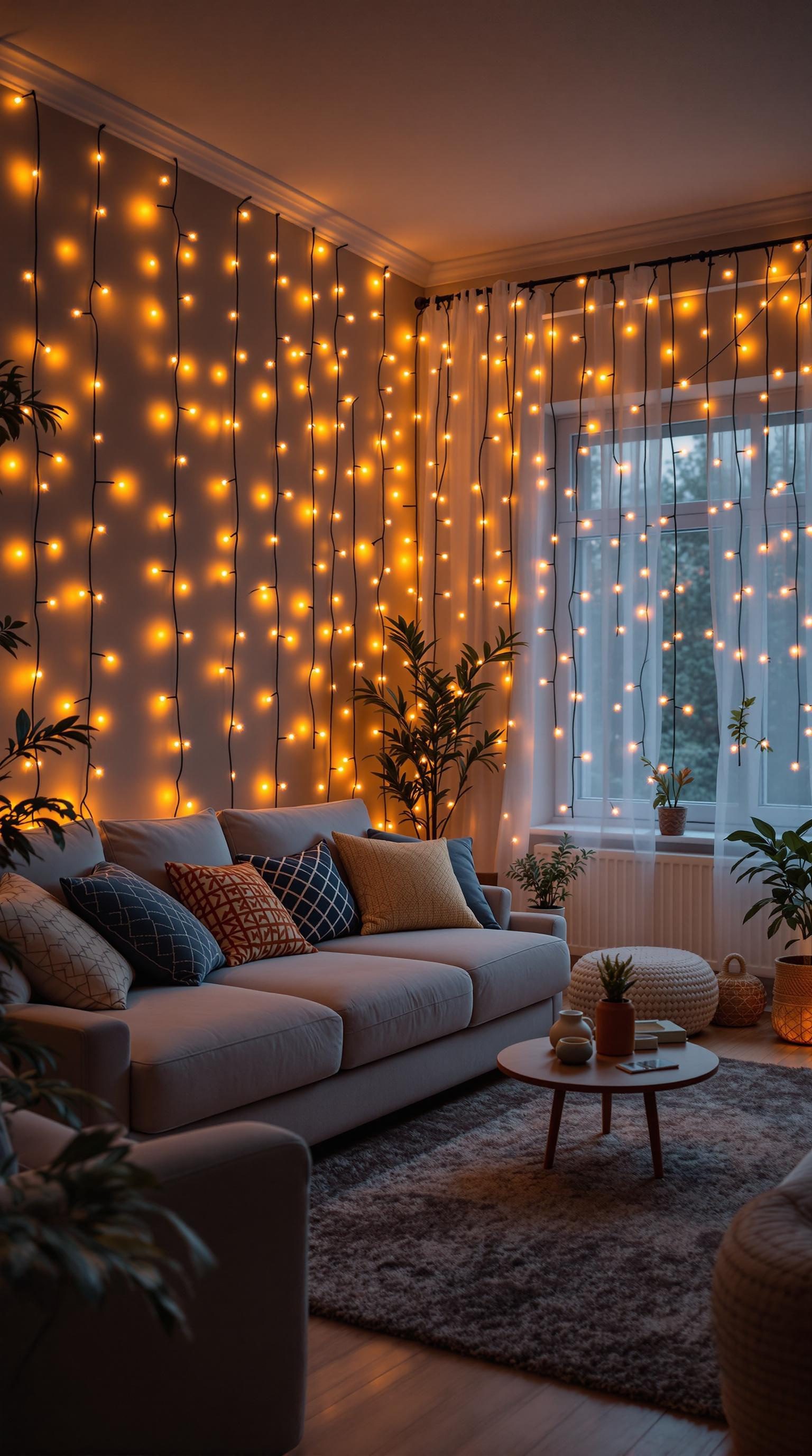 Living room with fairy lights creating a warm and cozy atmosphere.