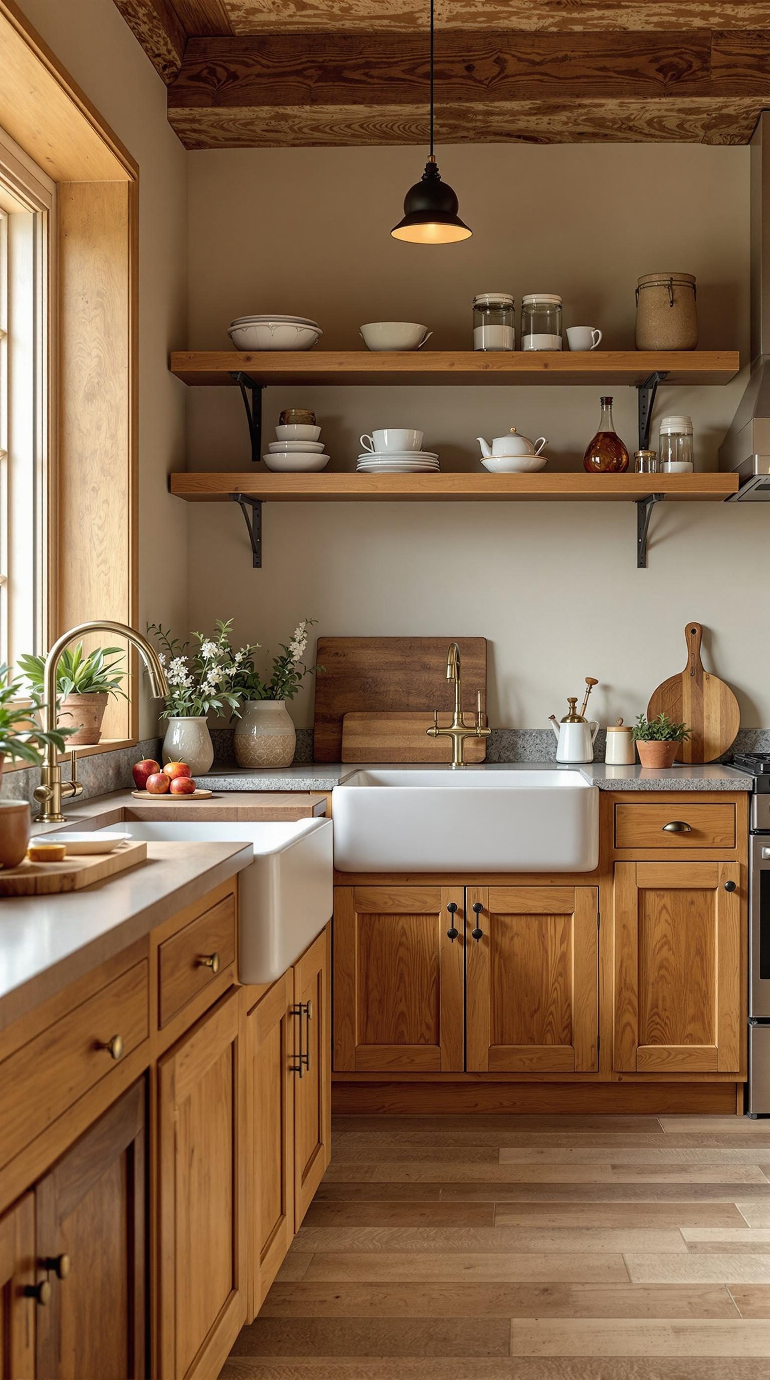 Cozy kitchen featuring warm honey oak cabinets and shelves.