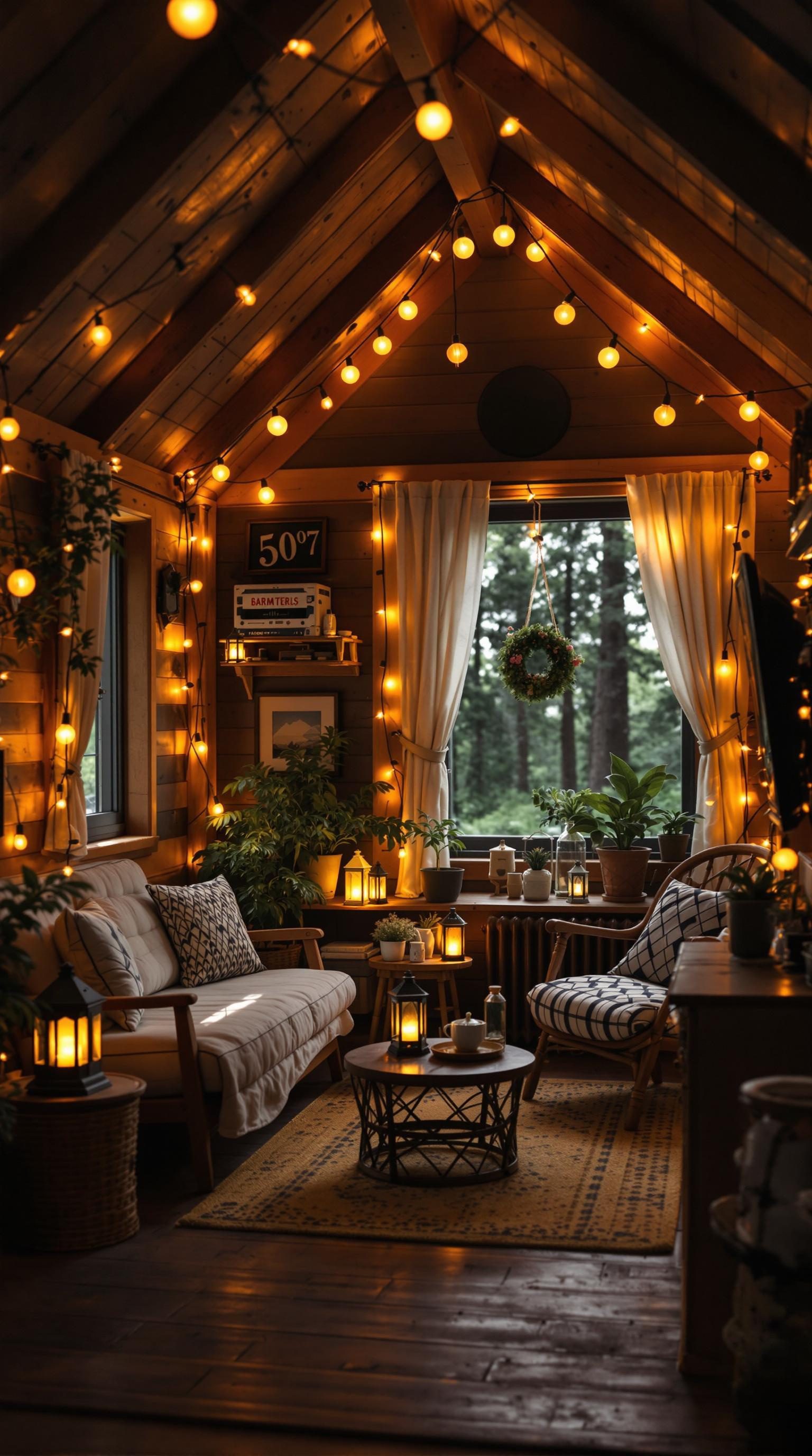 A cozy small cabin interior with warm lighting, string lights, and plants.