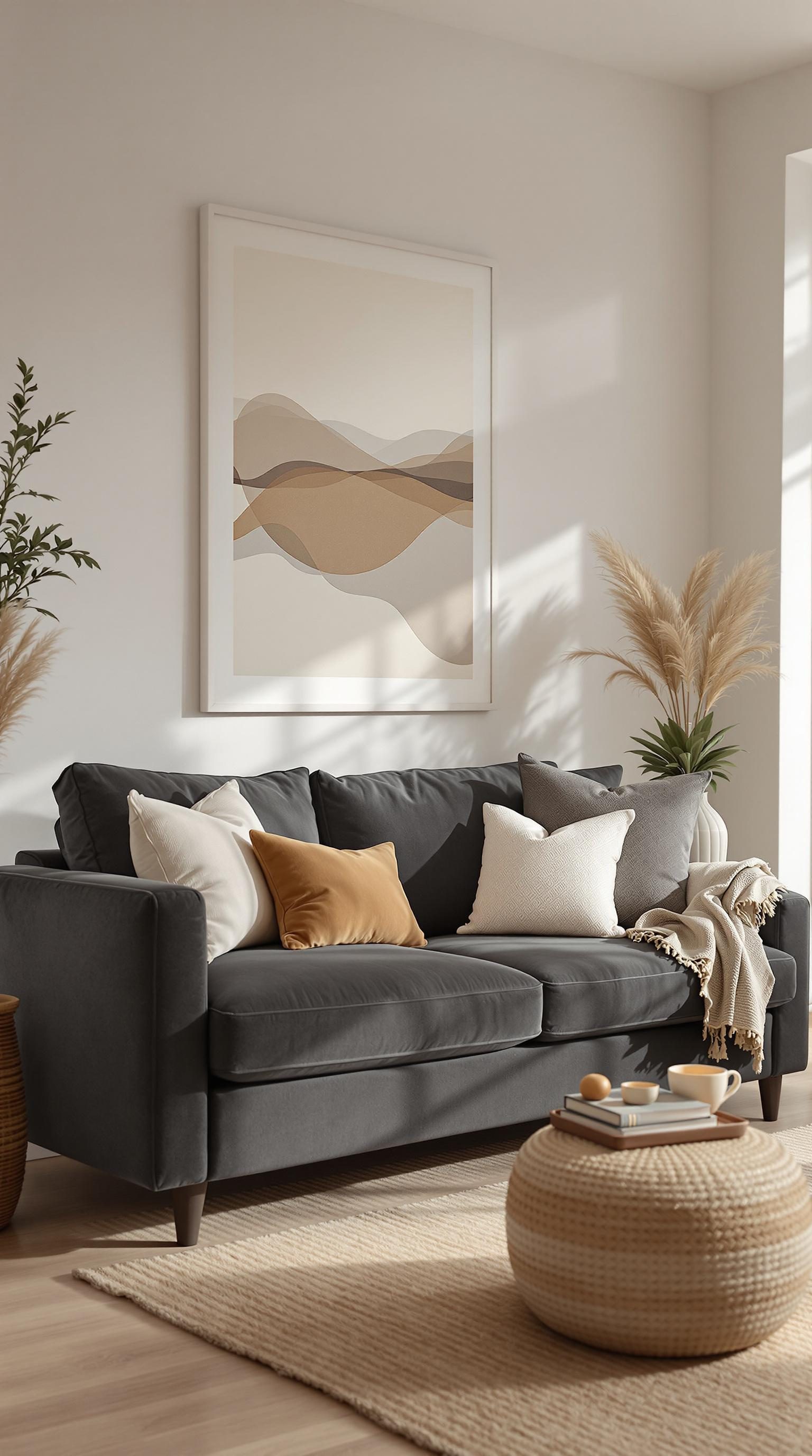 Living room with a dark grey couch, warm pillows, and natural decor.