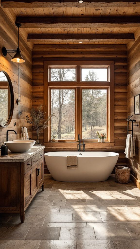 A cozy bathroom with warm wood accents, featuring a freestanding bathtub and large windows.