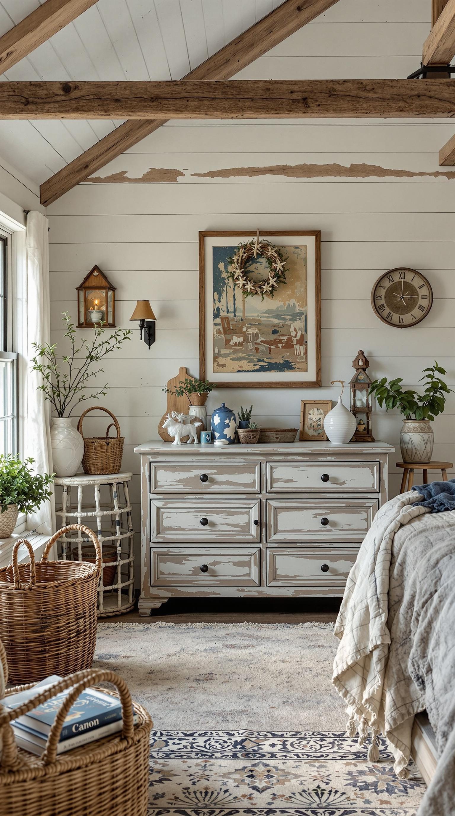 A cozy coastal master bedroom featuring weathered wood accents and natural decor.