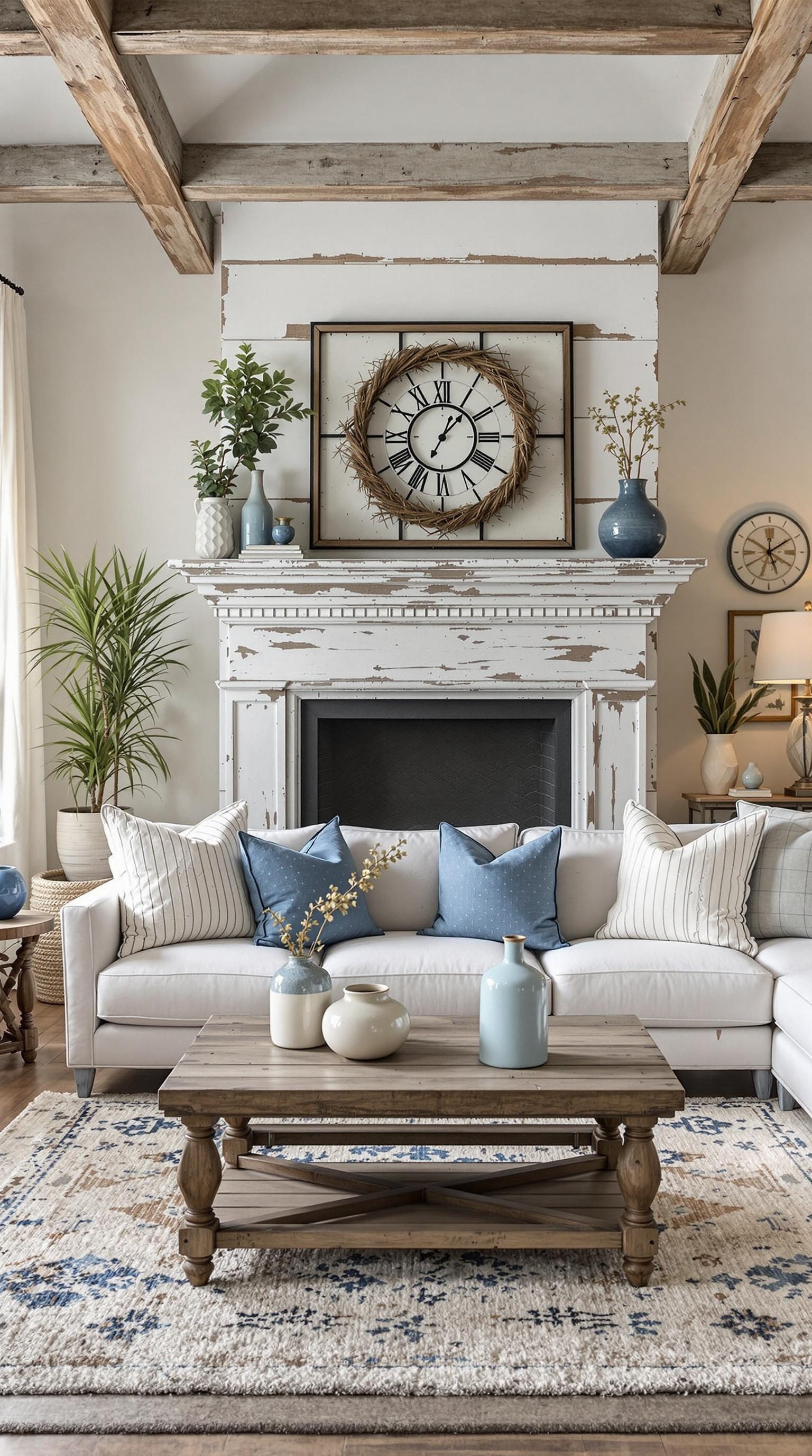 Cozy living room with weathered wood accents and coastal farmhouse decor