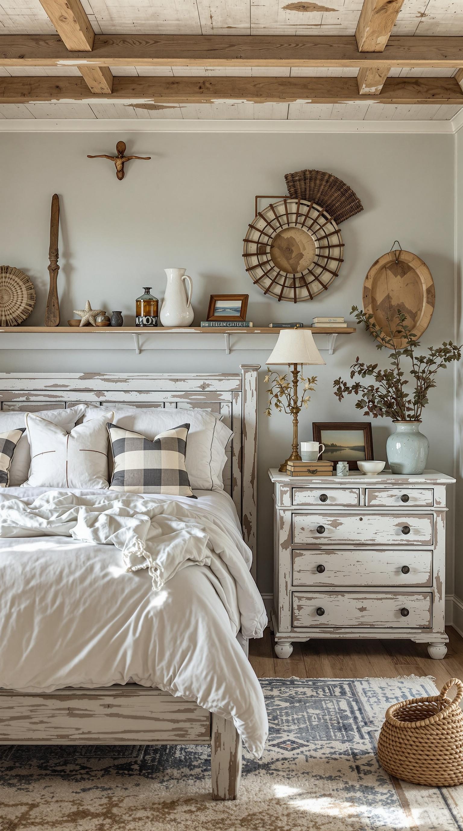 A cozy coastal preppy bedroom featuring weathered wood furniture with decorative elements.