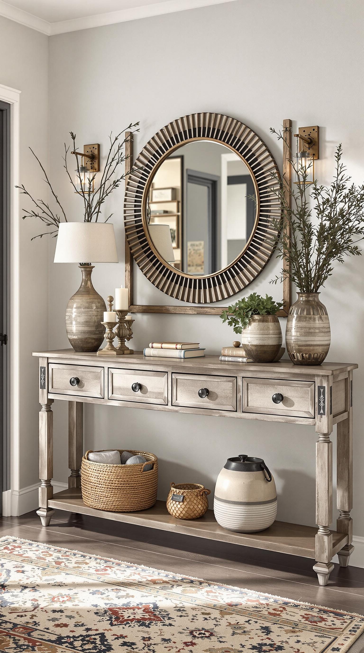 A stylish entryway with a console table, decorative items, and a mirror.