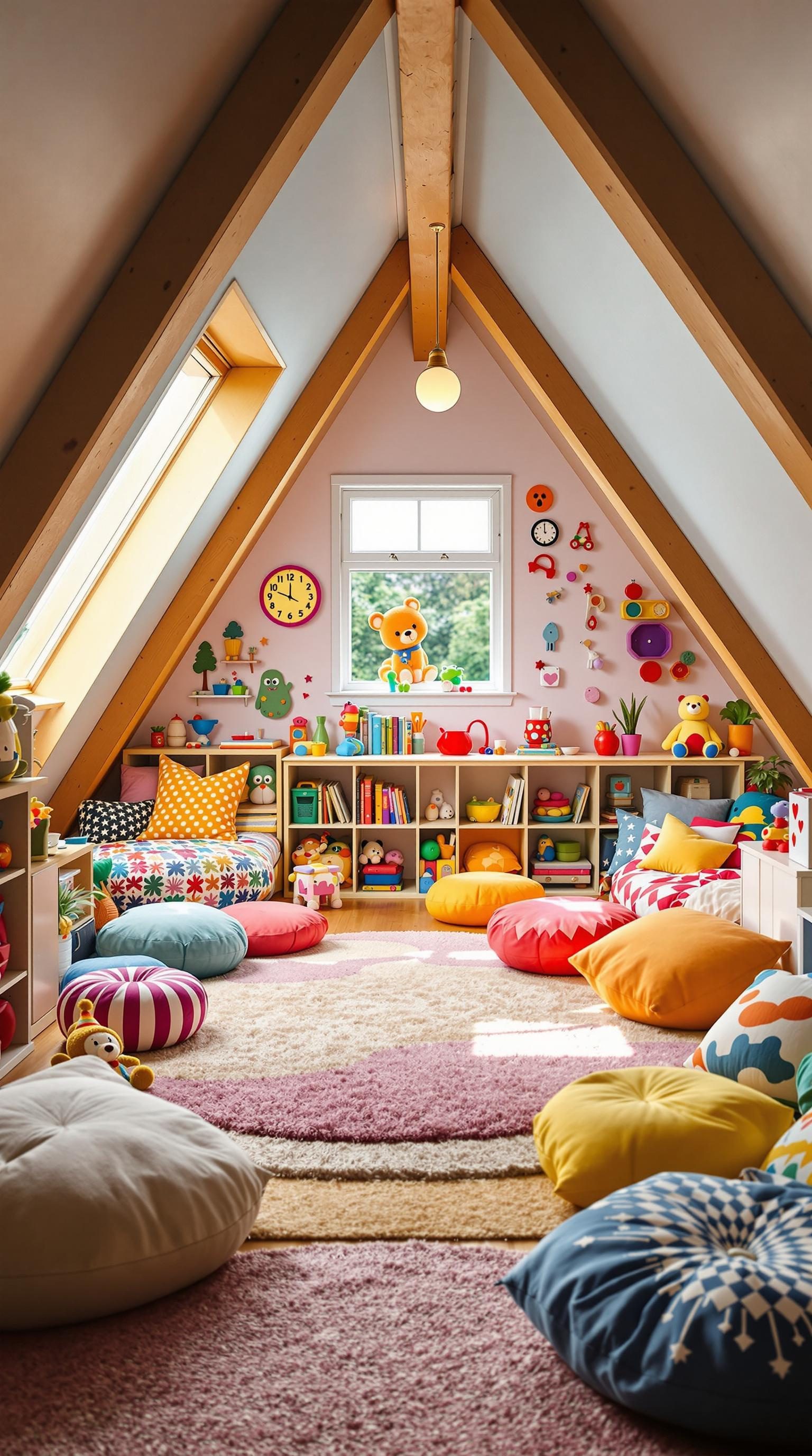 A cozy and colorful attic playroom filled with cushions, toys, and cheerful decorations.