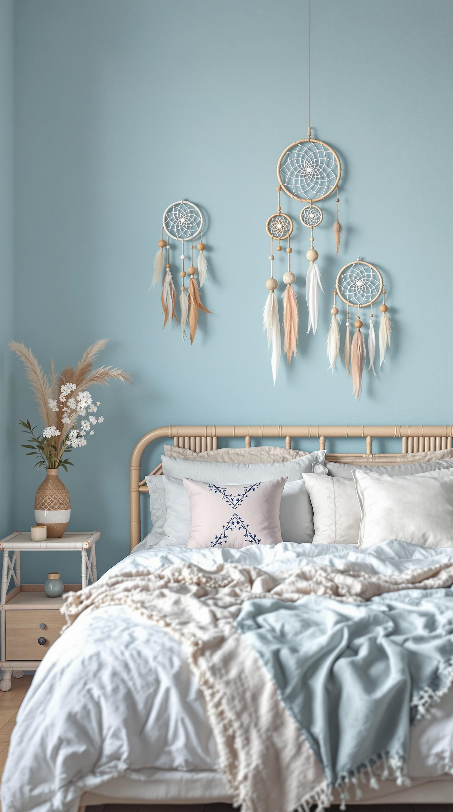 A light blue boho bedroom featuring dreamcatchers on the wall and a cozy bed with soft bedding.