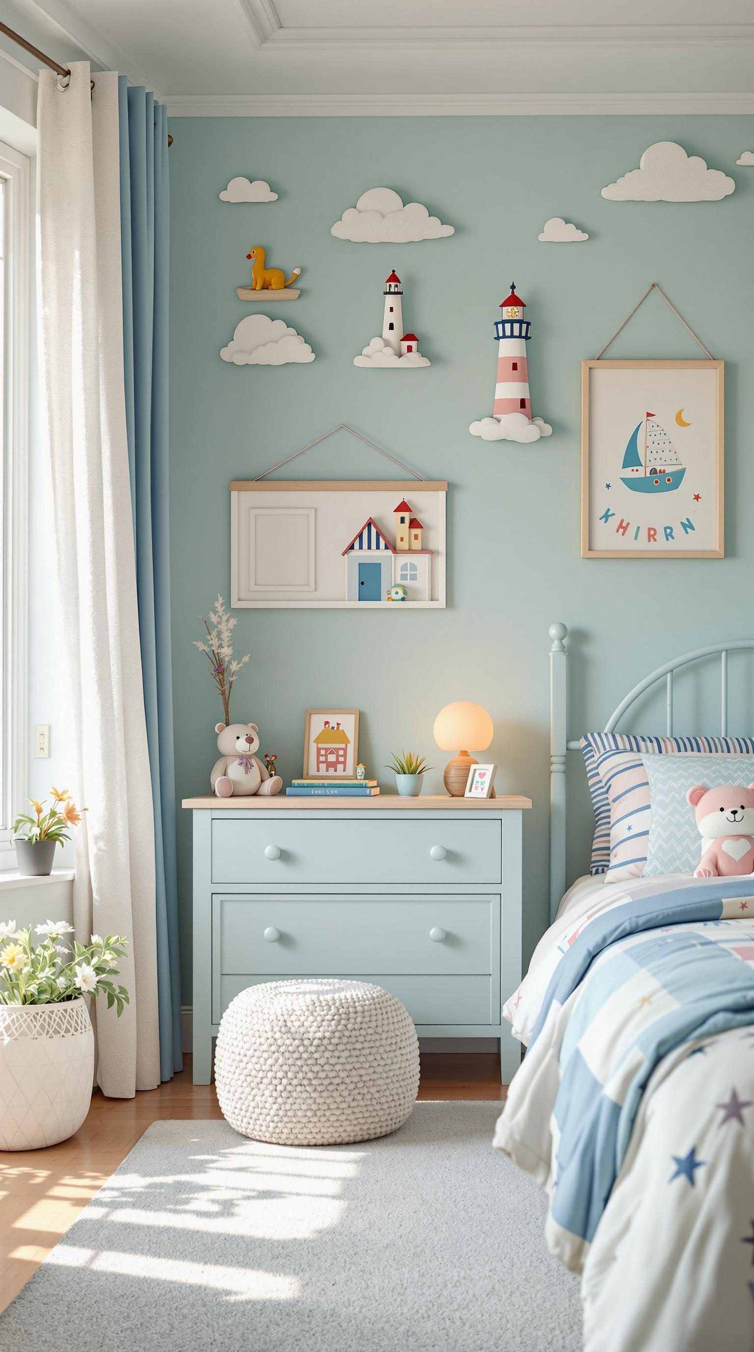 A whimsical coastal-themed bedroom featuring lighthouse decor and soft pastel colors.