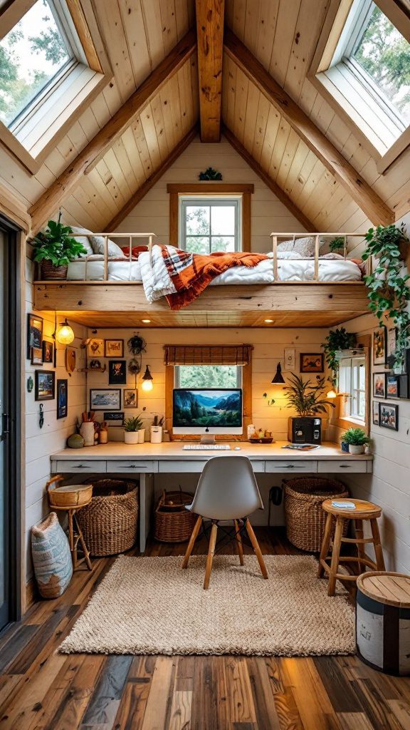 Cozy cabin interior featuring a loft bed and workspace below