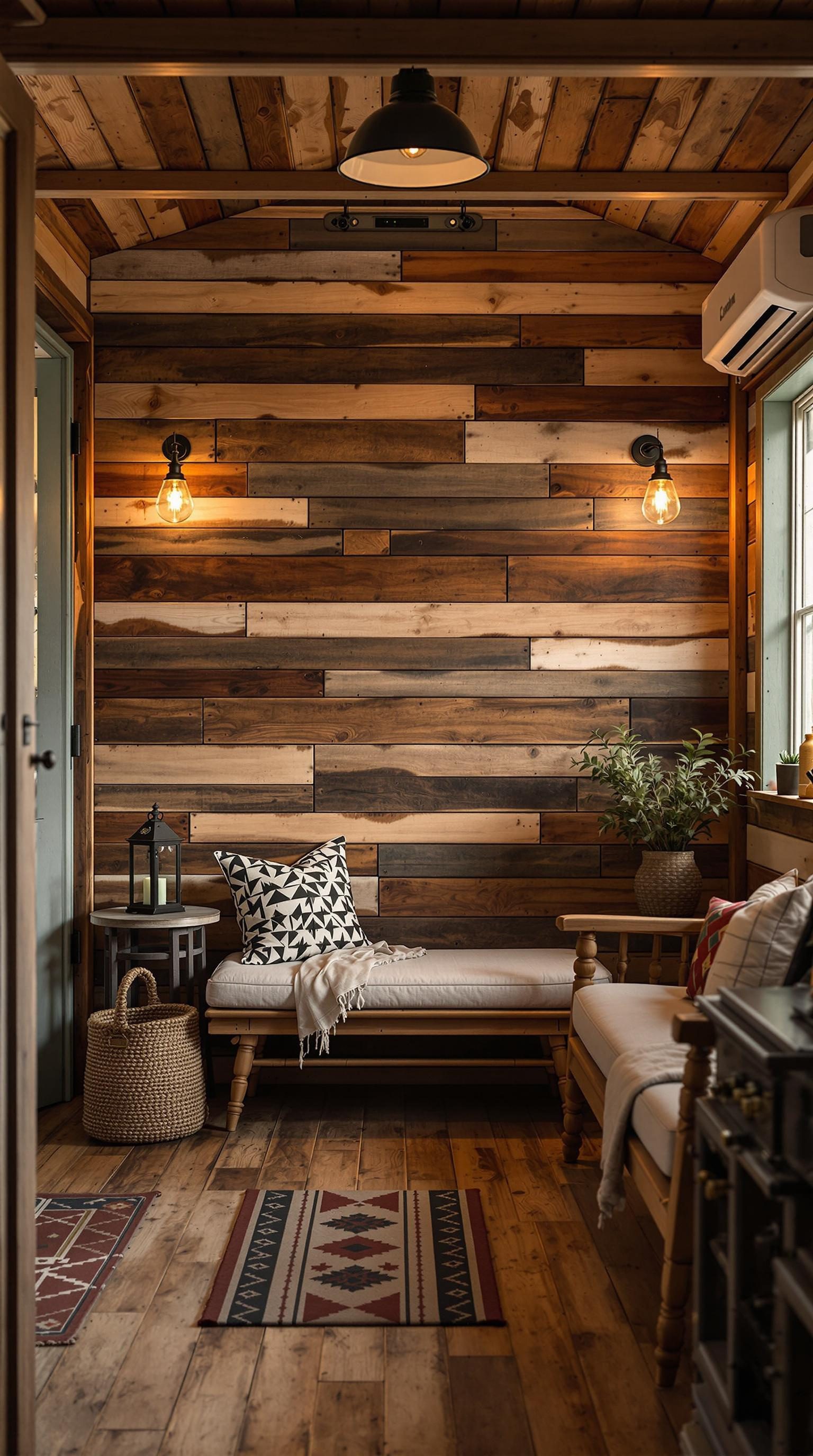 Cozy interior of a small cabin with wooden accent walls, showing a seating area with warm lighting.