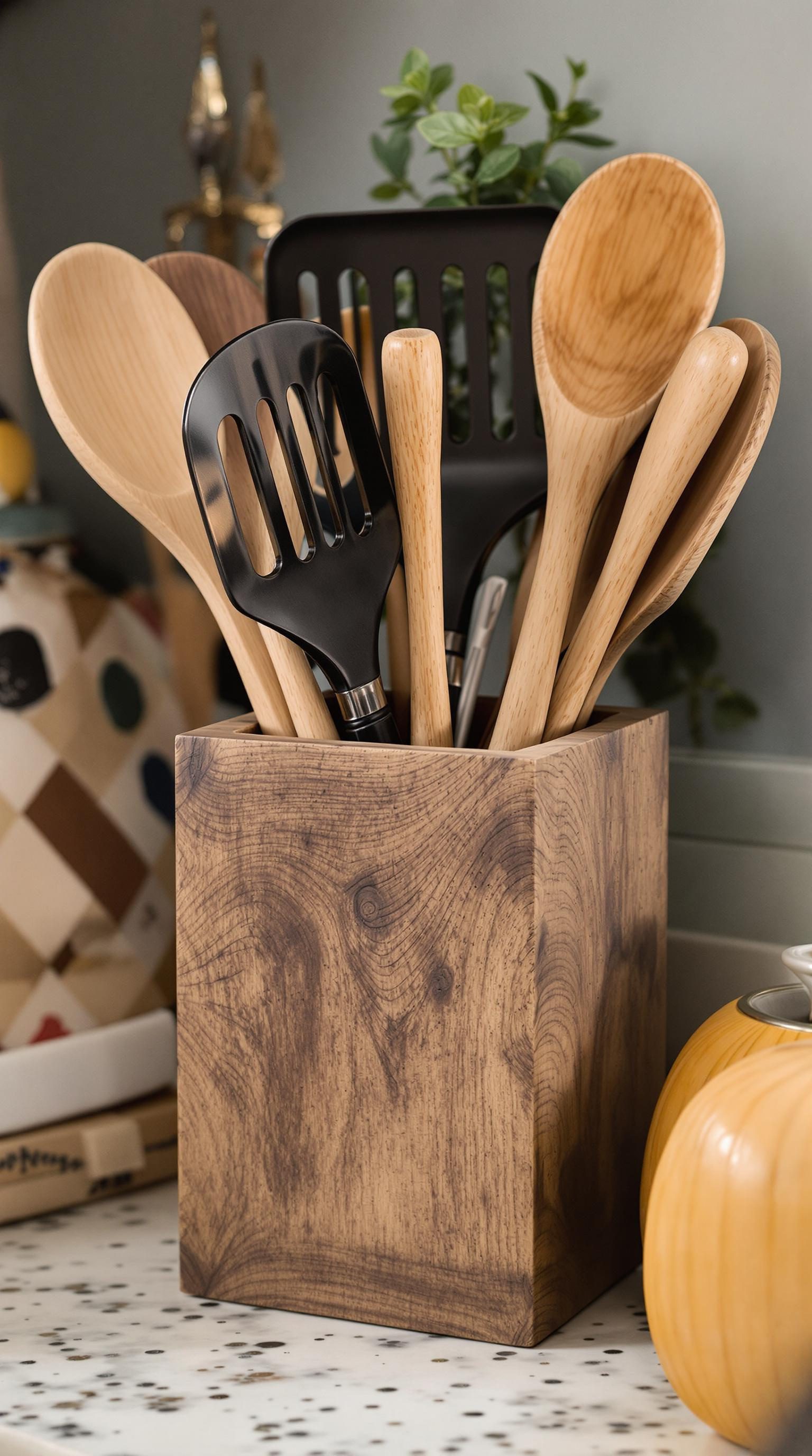 A wooden utensil holder filled with various kitchen utensils on a countertop.