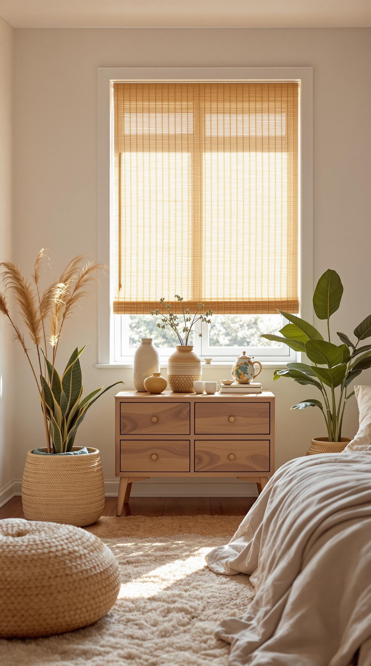 A cozy room featuring woven bamboo shades, a wooden dresser with decorative items, and plants, creating a natural and elegant atmosphere.