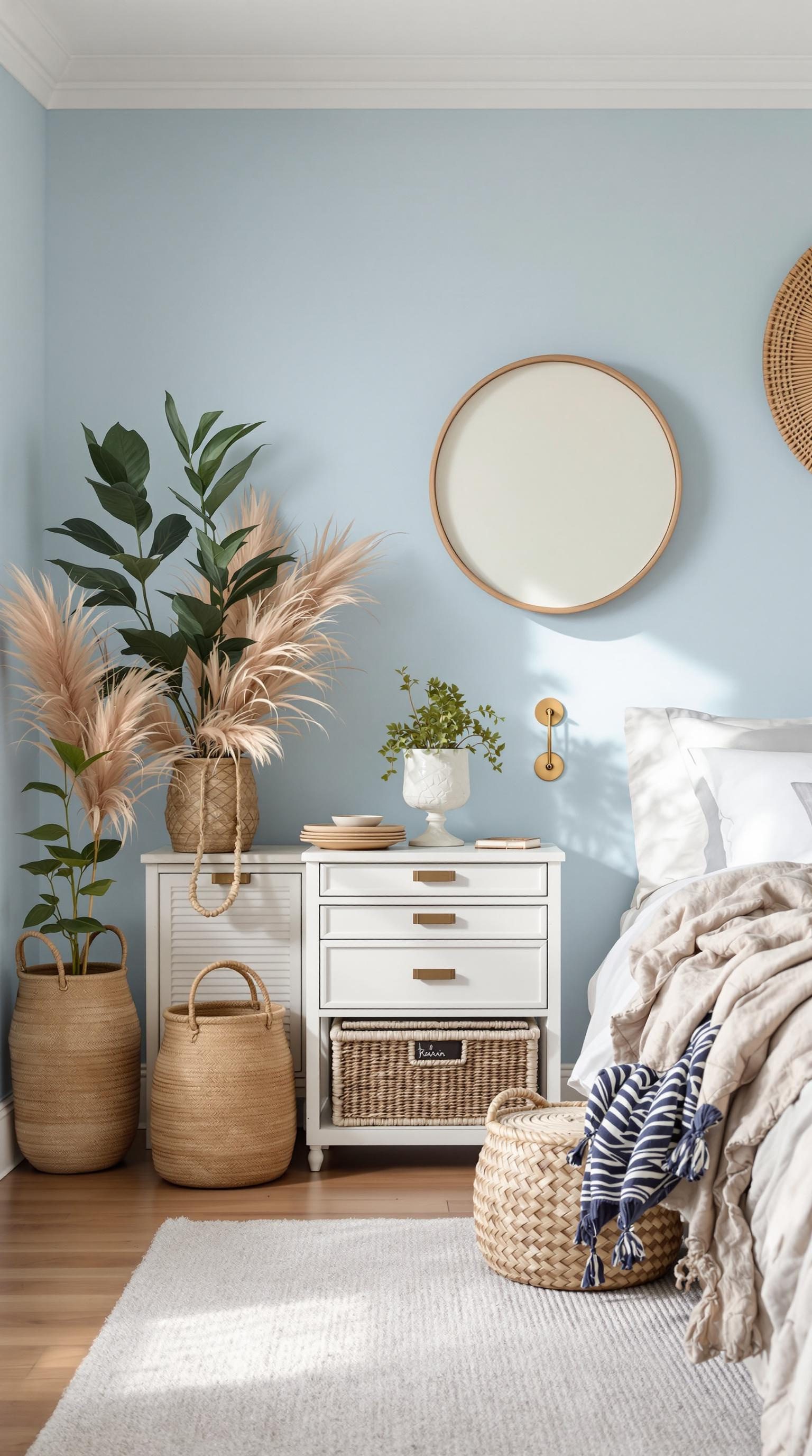 A cozy light blue boho bedroom featuring woven baskets for storage.