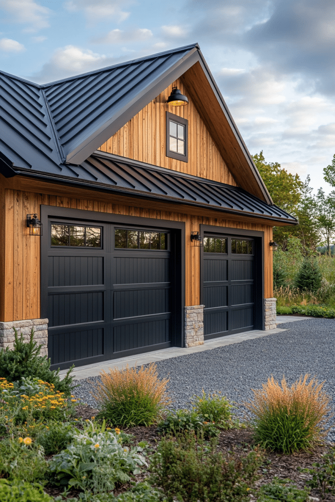 Bold Black Metal and Wood Farmhouse Garage